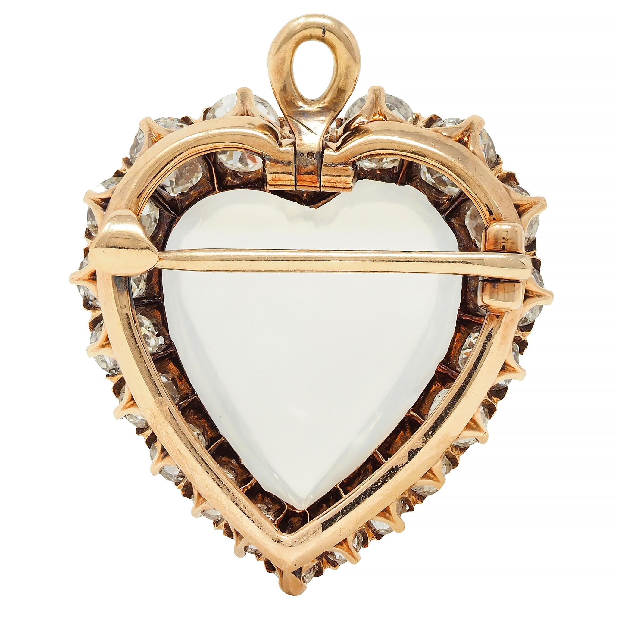 Victorian 1.63 CTW Diamond Moonstone 14 Karat Gold Antique Heart Pendant Brooch