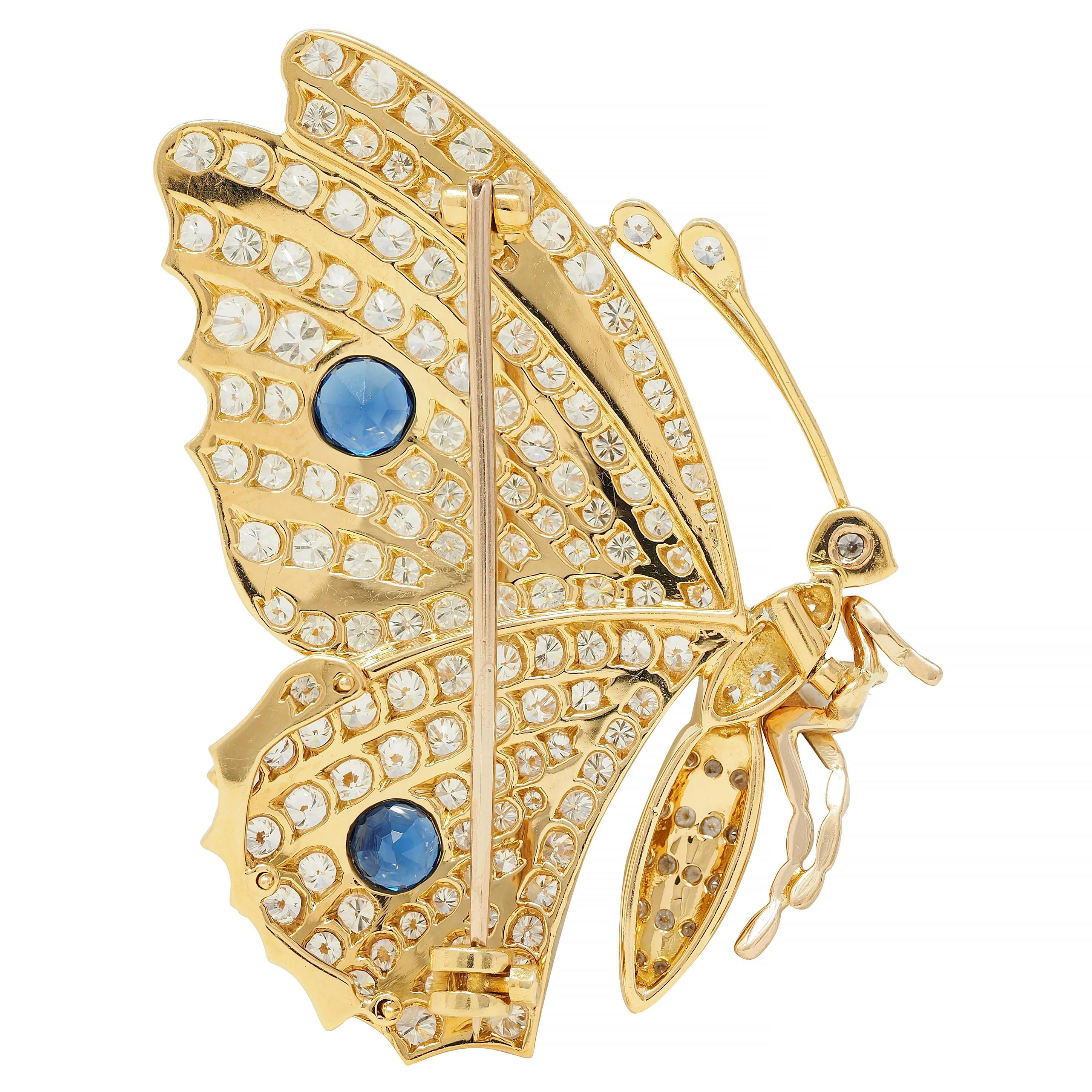 Vintage 6.50 CTW Sapphire Diamond 18 Karat Yellow Gold Vintage Butterfly Brooch