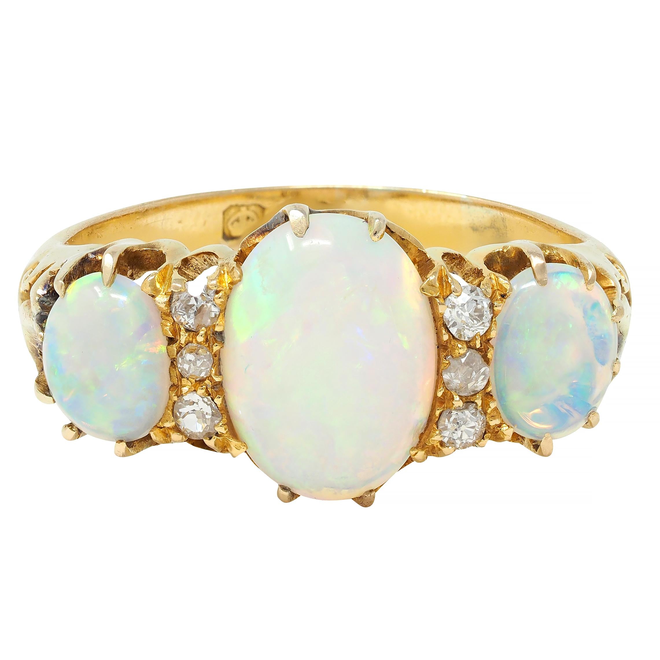 Victorian Opal Diamond 18 Karat Yellow Gold Antique Scroll Band Ring