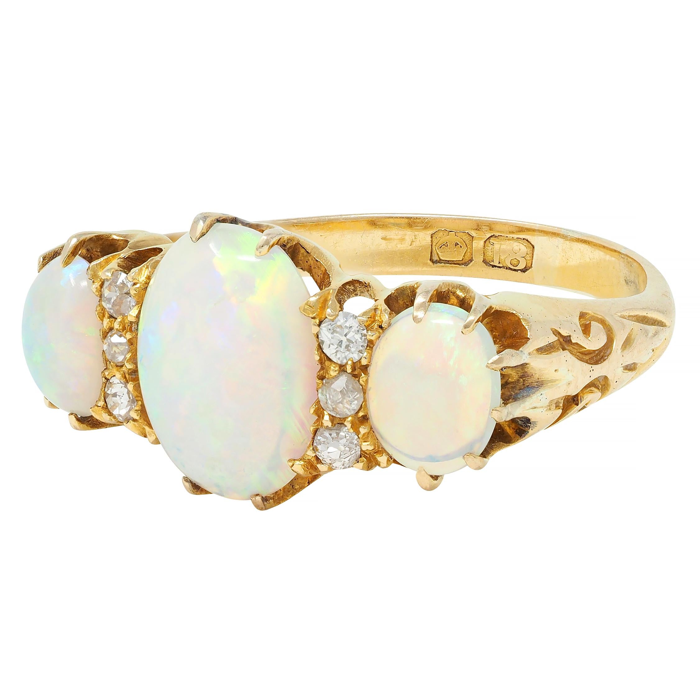 Victorian Opal Diamond 18 Karat Yellow Gold Antique Scroll Band Ring