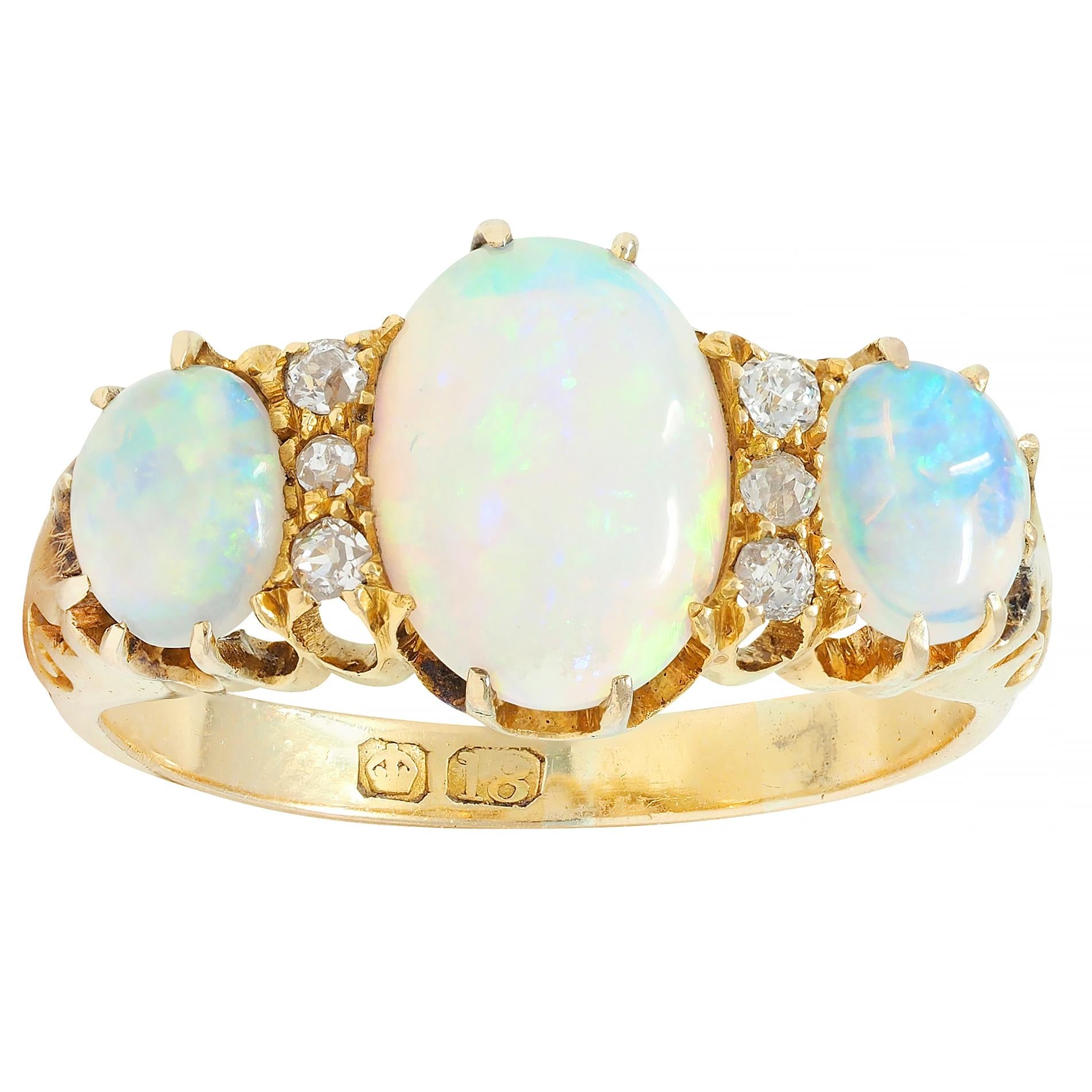 Victorian Opal Diamond 18 Karat Yellow Gold Antique Scroll Band Ring