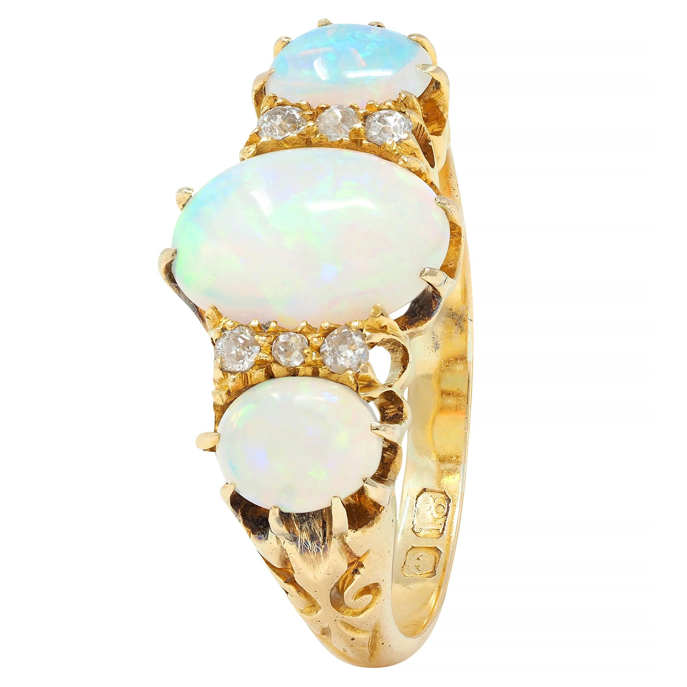 Victorian Opal Diamond 18 Karat Yellow Gold Antique Scroll Band Ring