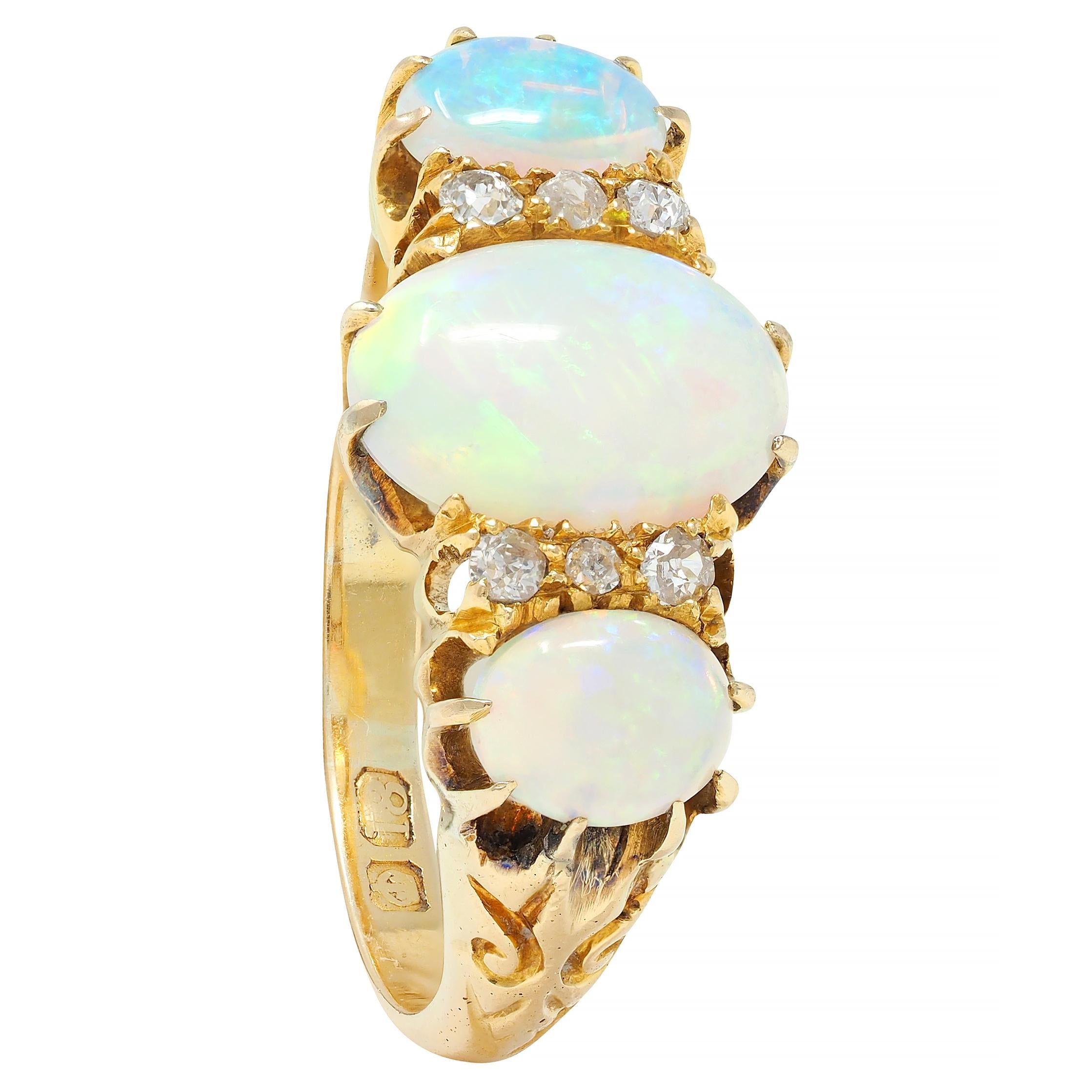 Victorian Opal Diamond 18 Karat Yellow Gold Antique Scroll Band Ring