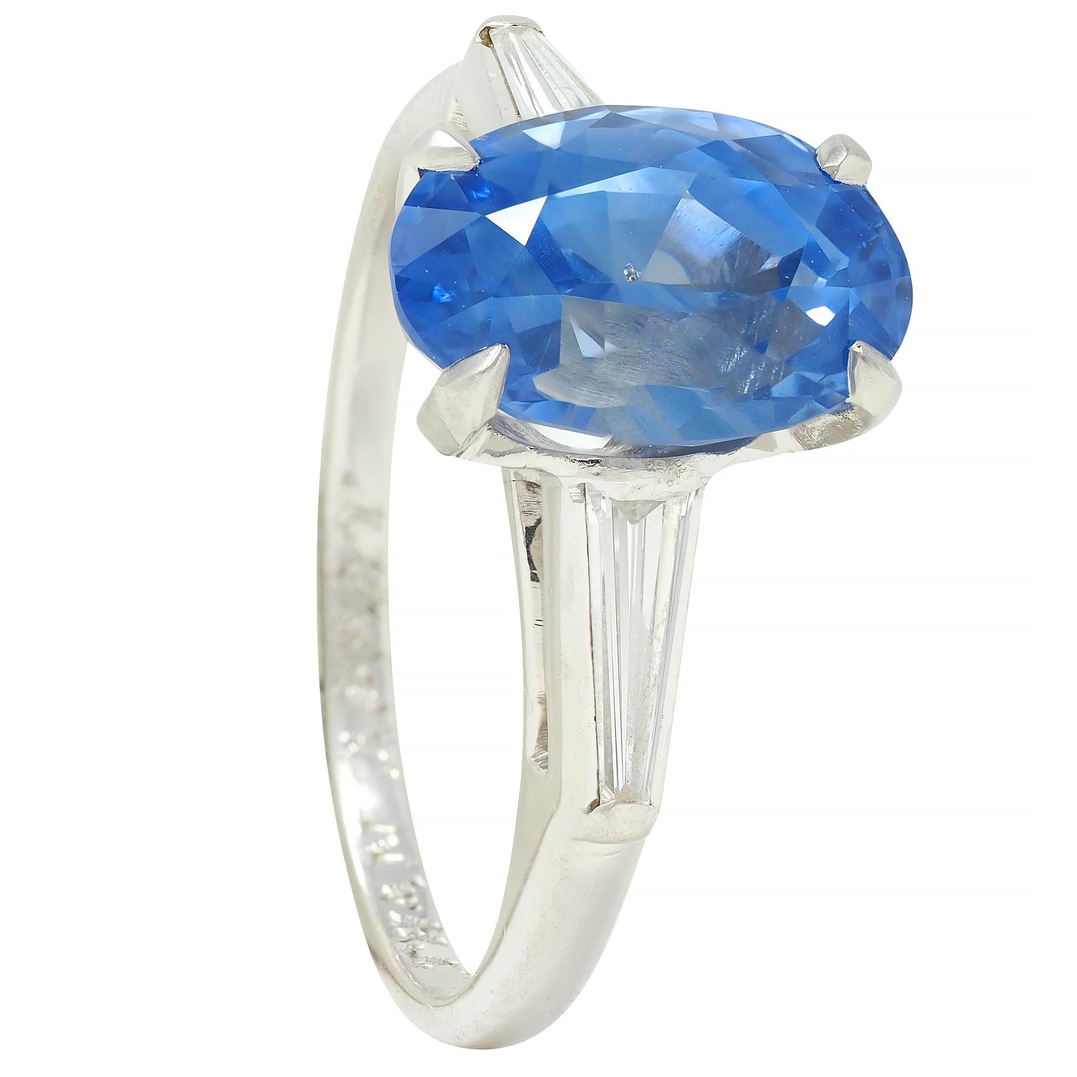 Mid-Century 4.29 CTW No Heat Ceylon Sapphire Diamond Platinum Vintage Ring GIA