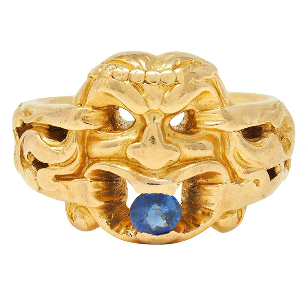 Victorian Sapphire 18 Karat Yellow Gold God Of Wind Antique Unisex Band Ring