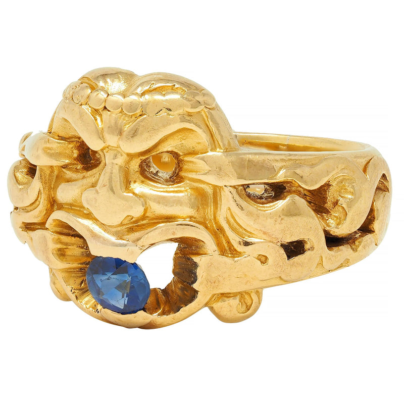 Victorian Sapphire 18 Karat Yellow Gold God Of Wind Antique Unisex Band Ring