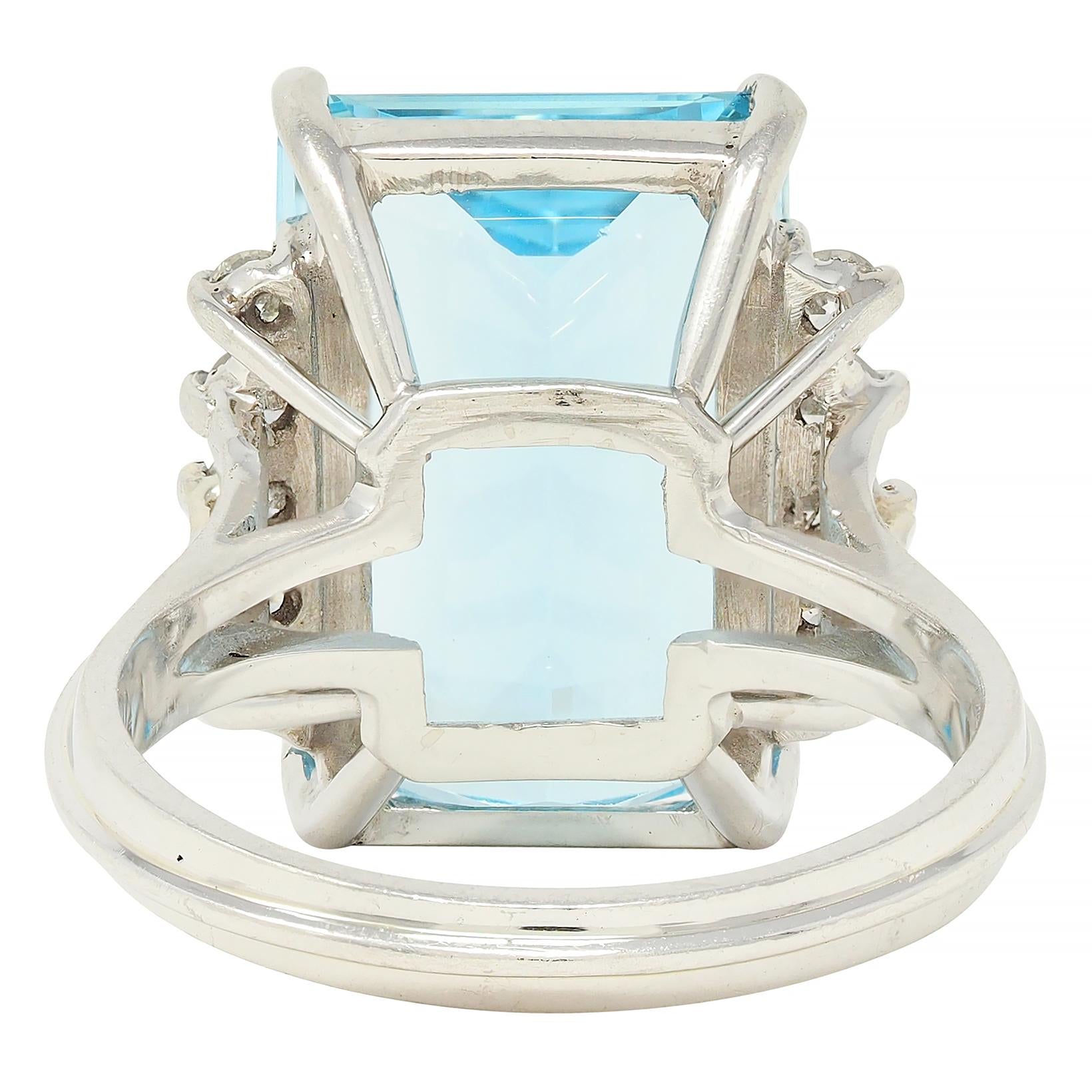 Mid- Century 9.35 CTW Aquamarine Diamond Platinum Vintage Cluster Cocktail Ring