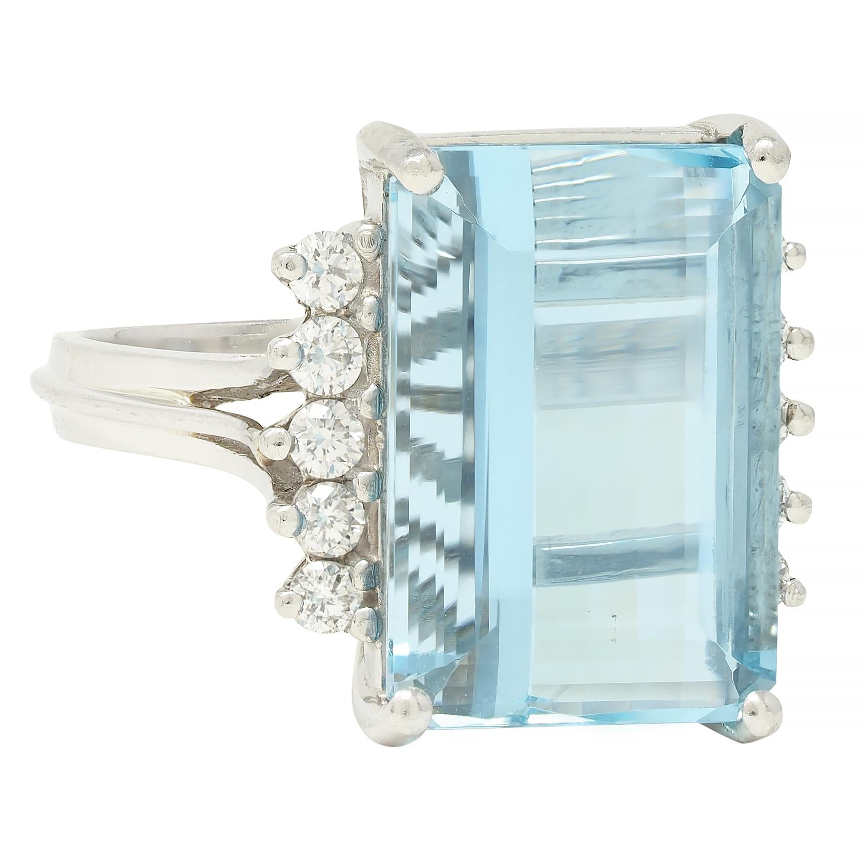 Mid- Century 9.35 CTW Aquamarine Diamond Platinum Vintage Cluster Cocktail Ring