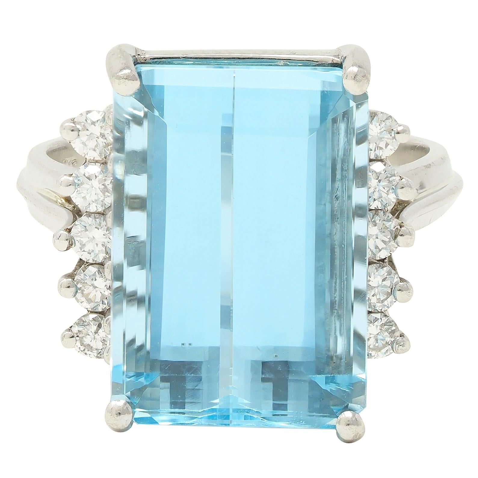 Mid- Century 9.35 CTW Aquamarine Diamond Platinum Vintage Cluster Cocktail Ring