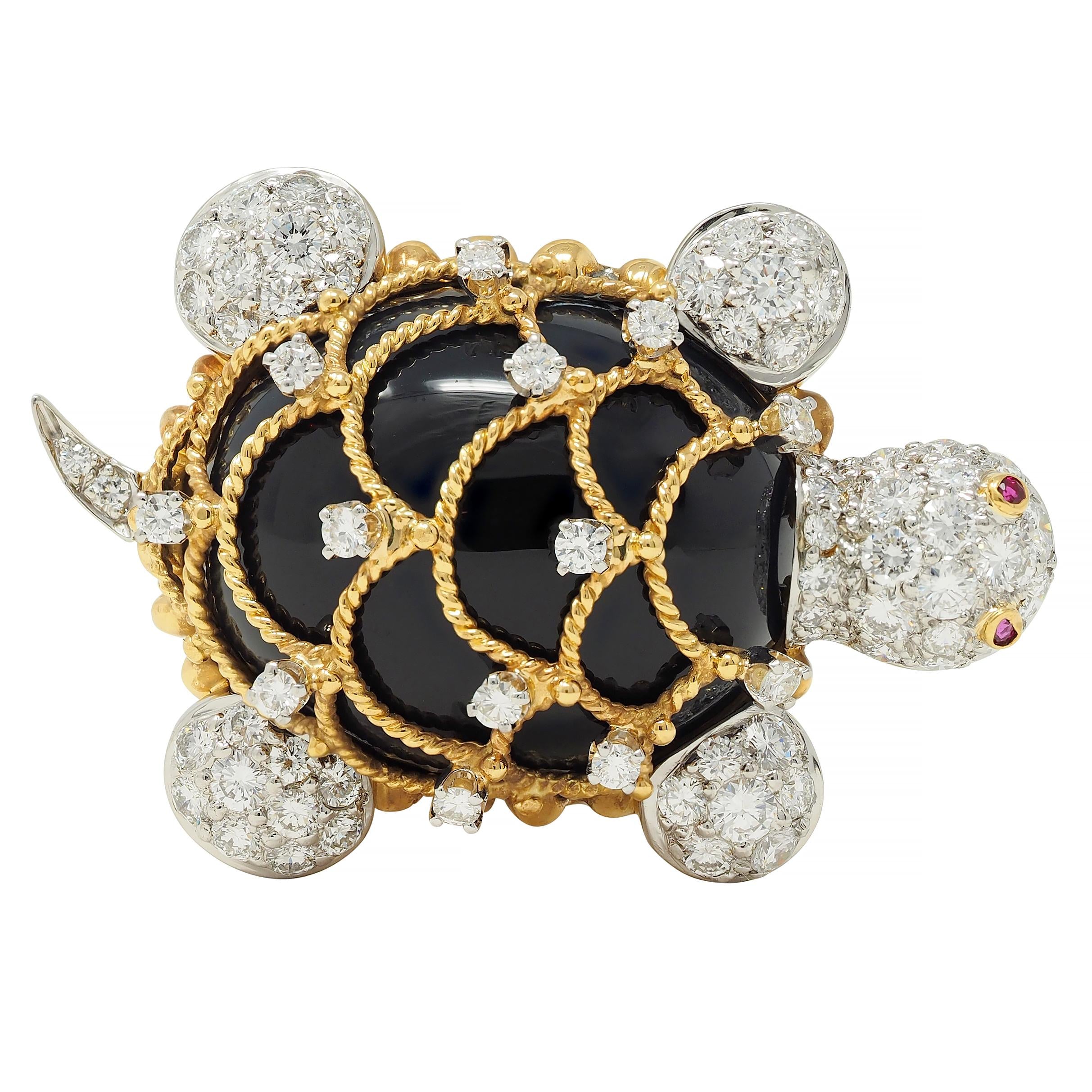 Hammerman 1960s 2.60 CTW Diamond Ruby Onyx Platinum 18K Gold Turtle Brooch