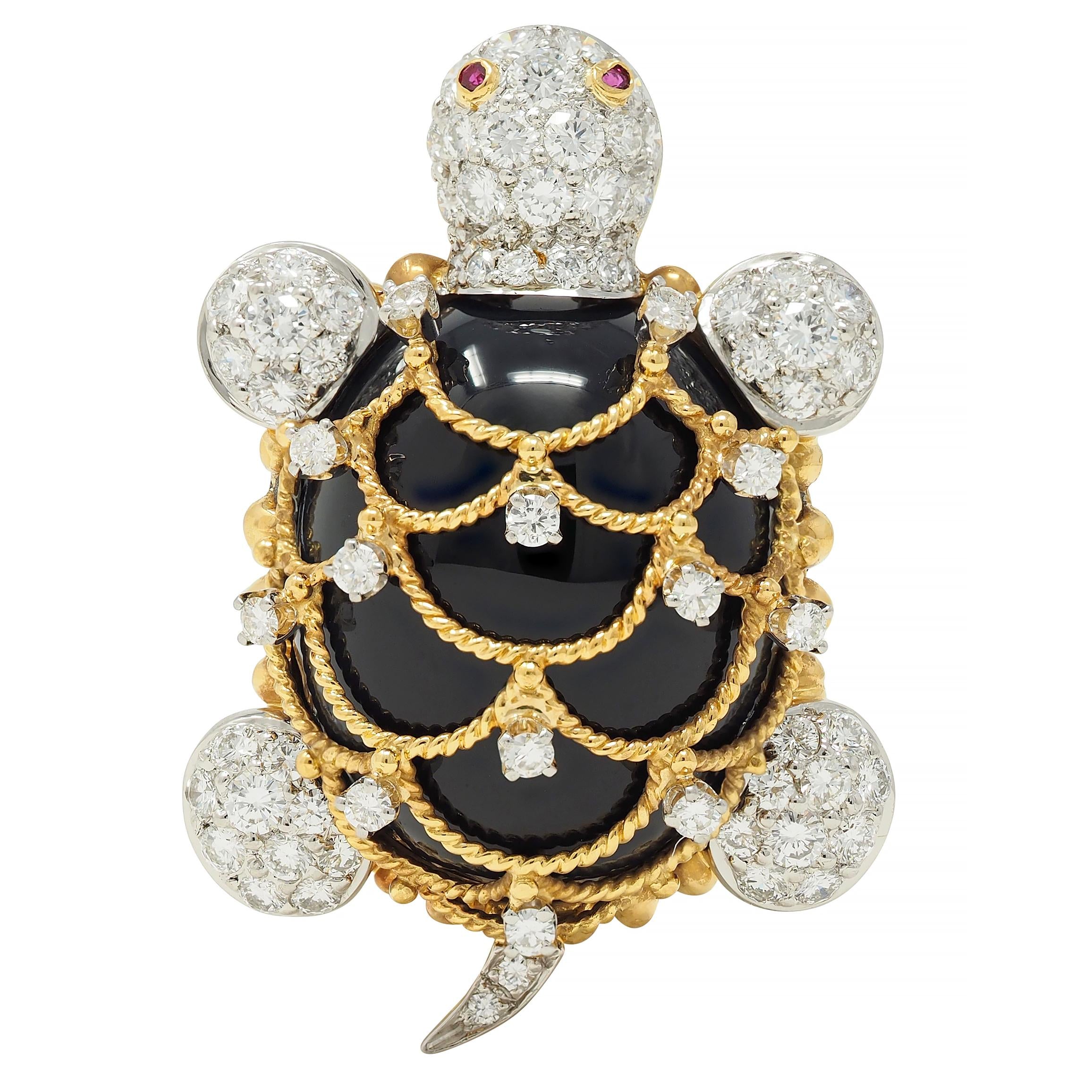 Hammerman 1960s 2.60 CTW Diamond Ruby Onyx Platinum 18K Gold Turtle Brooch