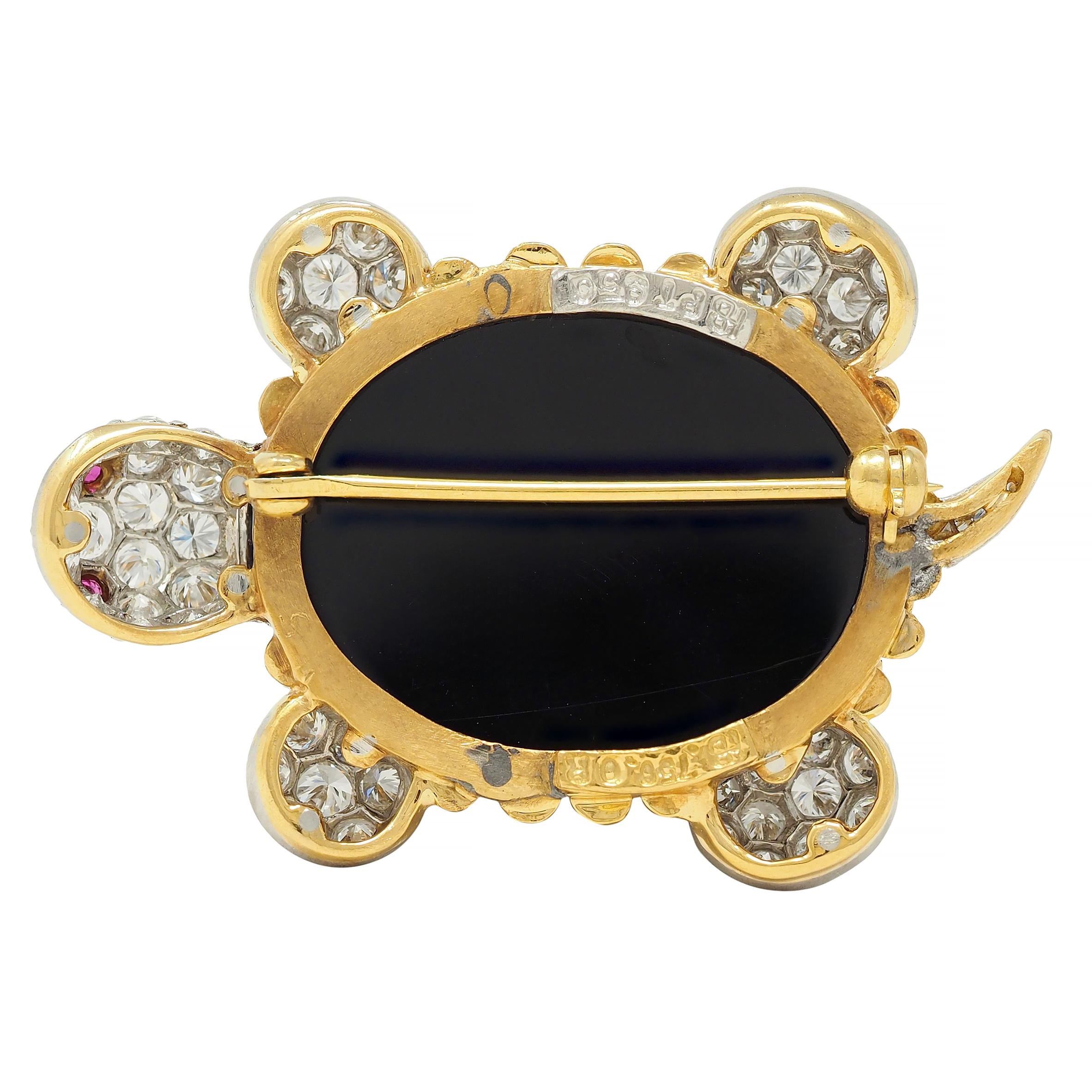 Hammerman 1960s 2.60 CTW Diamond Ruby Onyx Platinum 18K Gold Turtle Brooch