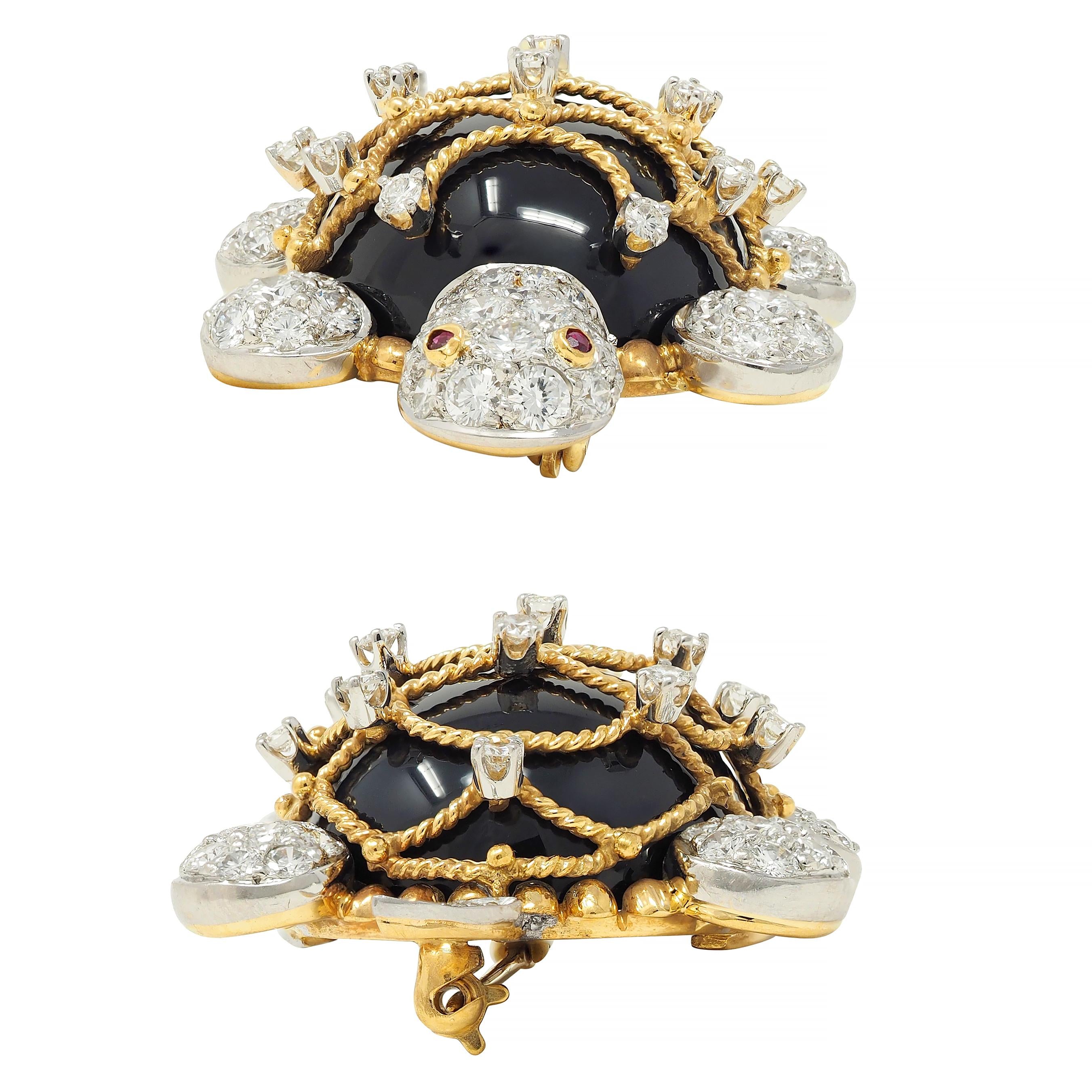 Hammerman 1960s 2.60 CTW Diamond Ruby Onyx Platinum 18K Gold Turtle Brooch