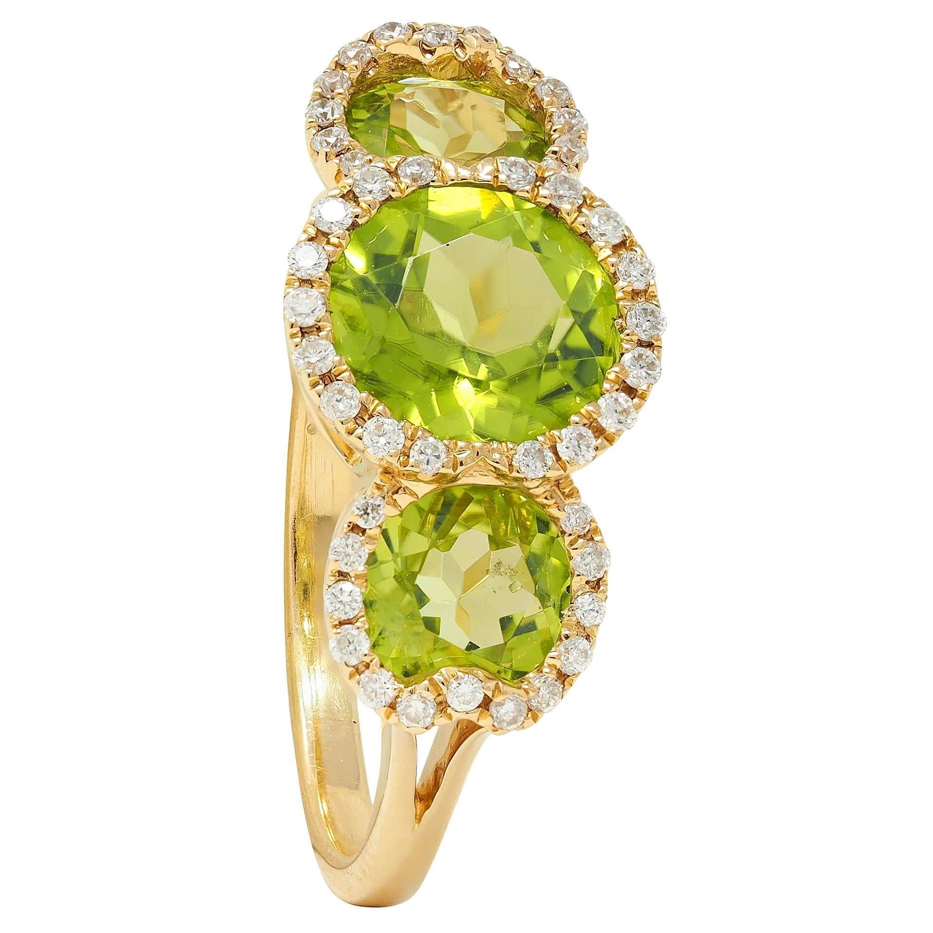 Contemporary 3.12 CTW Peridot Diamond 18 Karat Yellow Gold Tri-Halo Ring