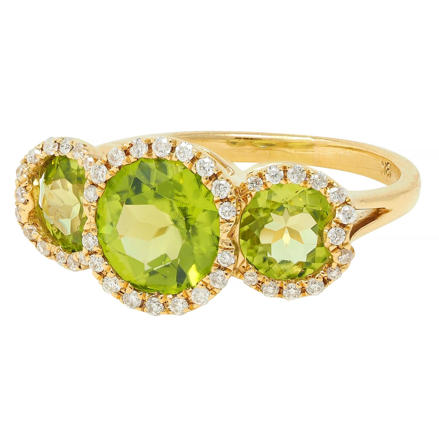 Contemporary 3.12 CTW Peridot Diamond 18 Karat Yellow Gold Tri-Halo Ring