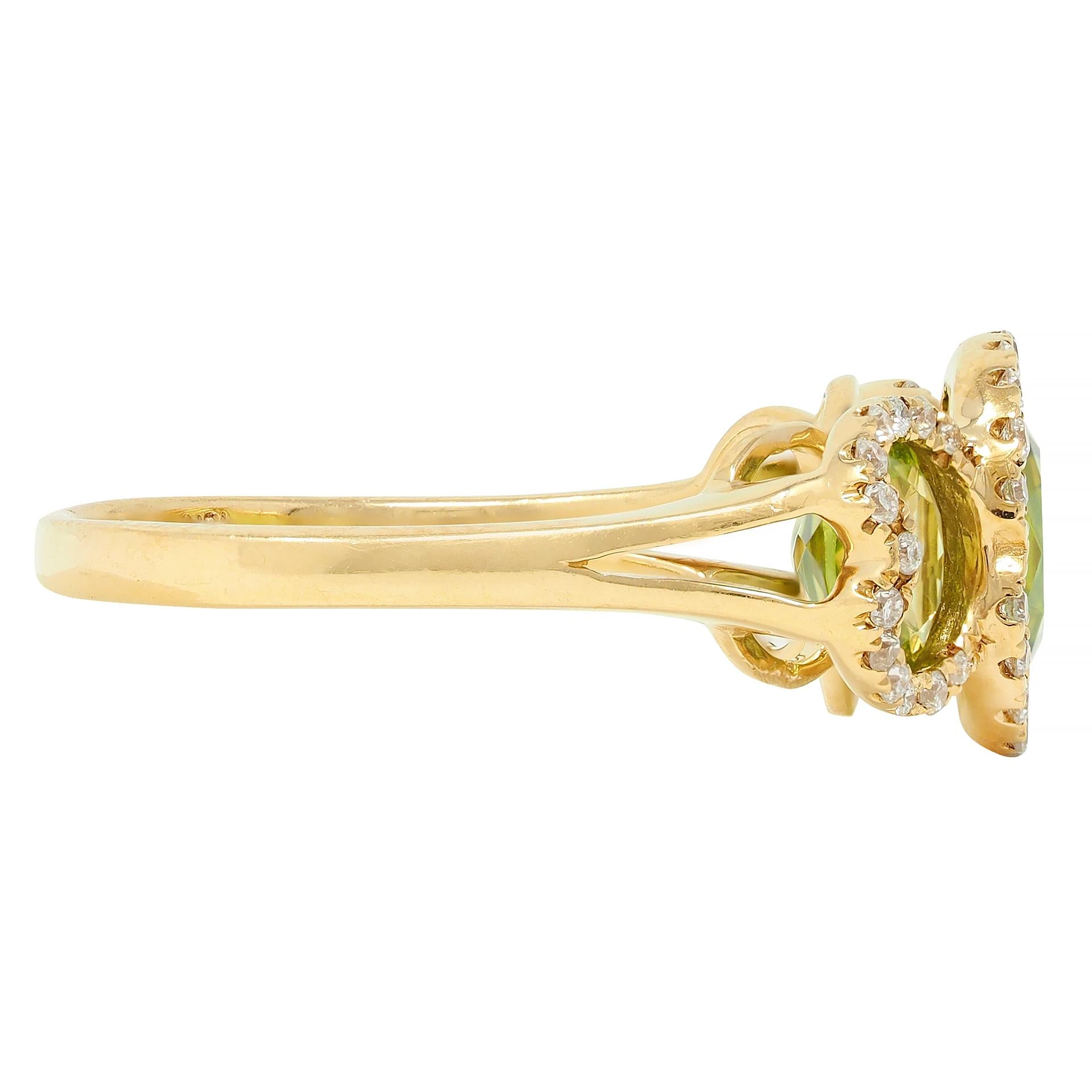 Contemporary 3.12 CTW Peridot Diamond 18 Karat Yellow Gold Tri-Halo Ring