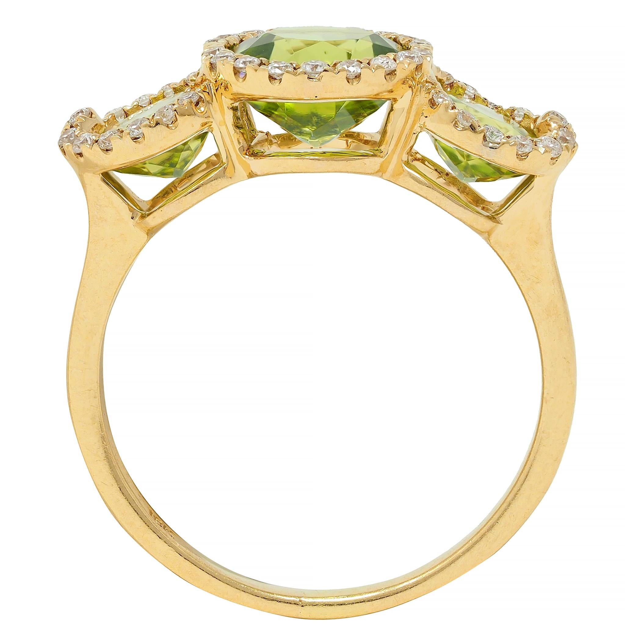 Contemporary 3.12 CTW Peridot Diamond 18 Karat Yellow Gold Tri-Halo Ring