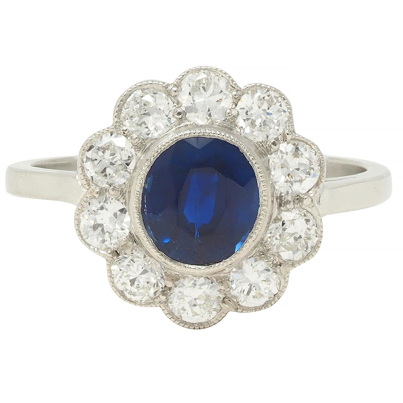 Art Deco 2.15 CTW Sapphire Diamond Platinum Vintage Halo Ring