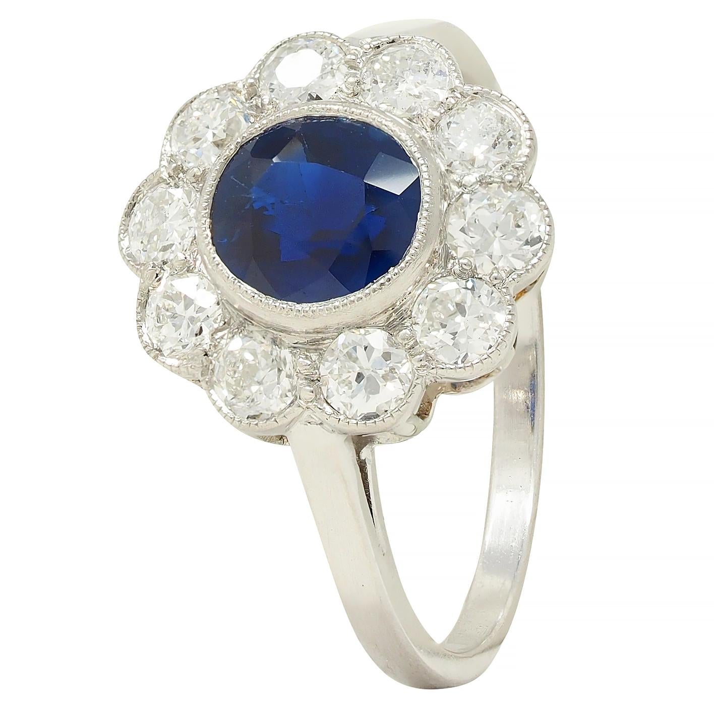 Art Deco 2.15 CTW Sapphire Diamond Platinum Vintage Halo Ring