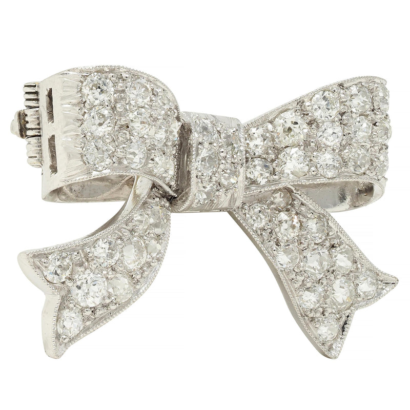 Art Deco 2.72 CTW Diamond Platinum 18 Karat Gold Vintage Bow Brooch