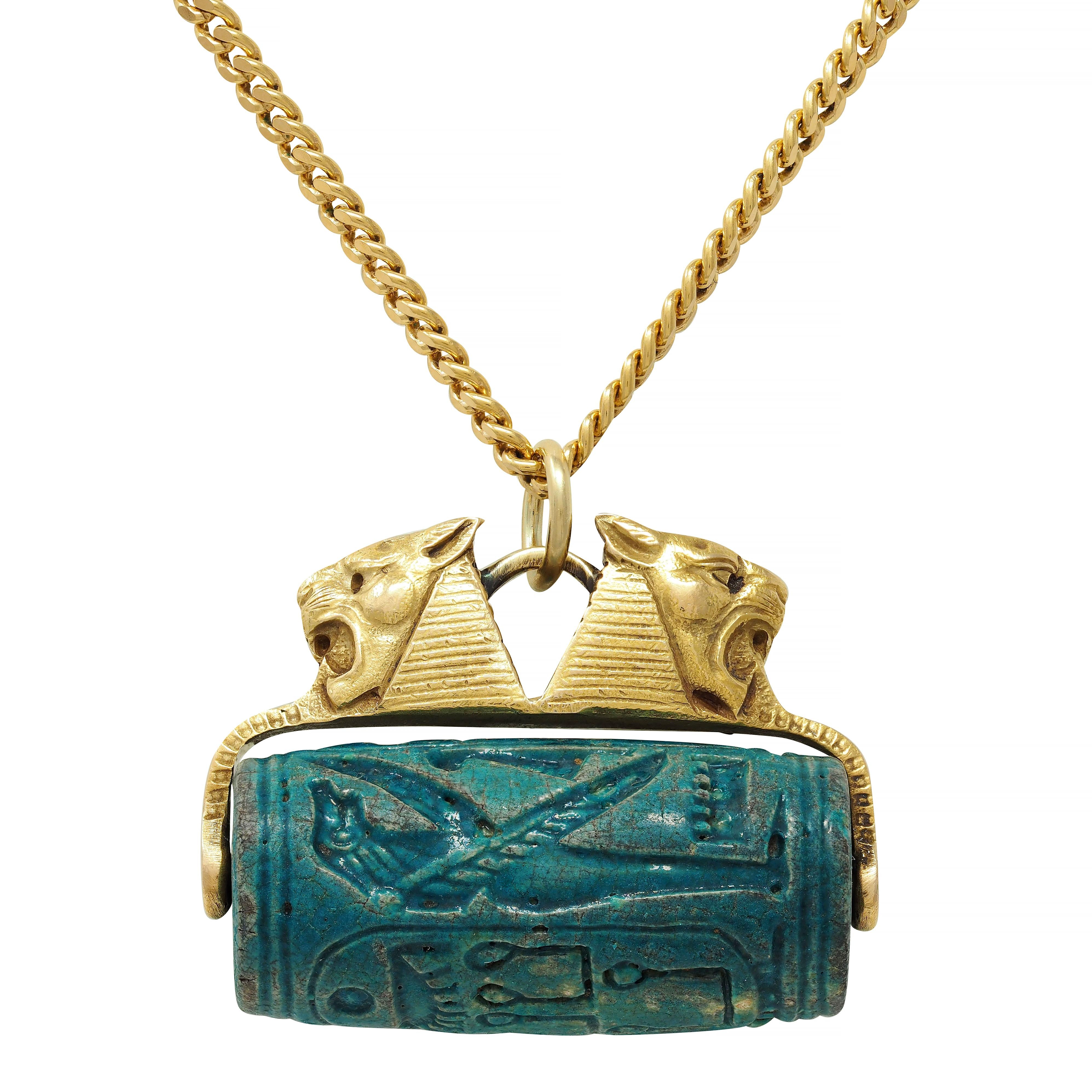 Frank Walter Lawrence Hardstone 18K Gold Antique Egyptian Sphinx Seal Necklace