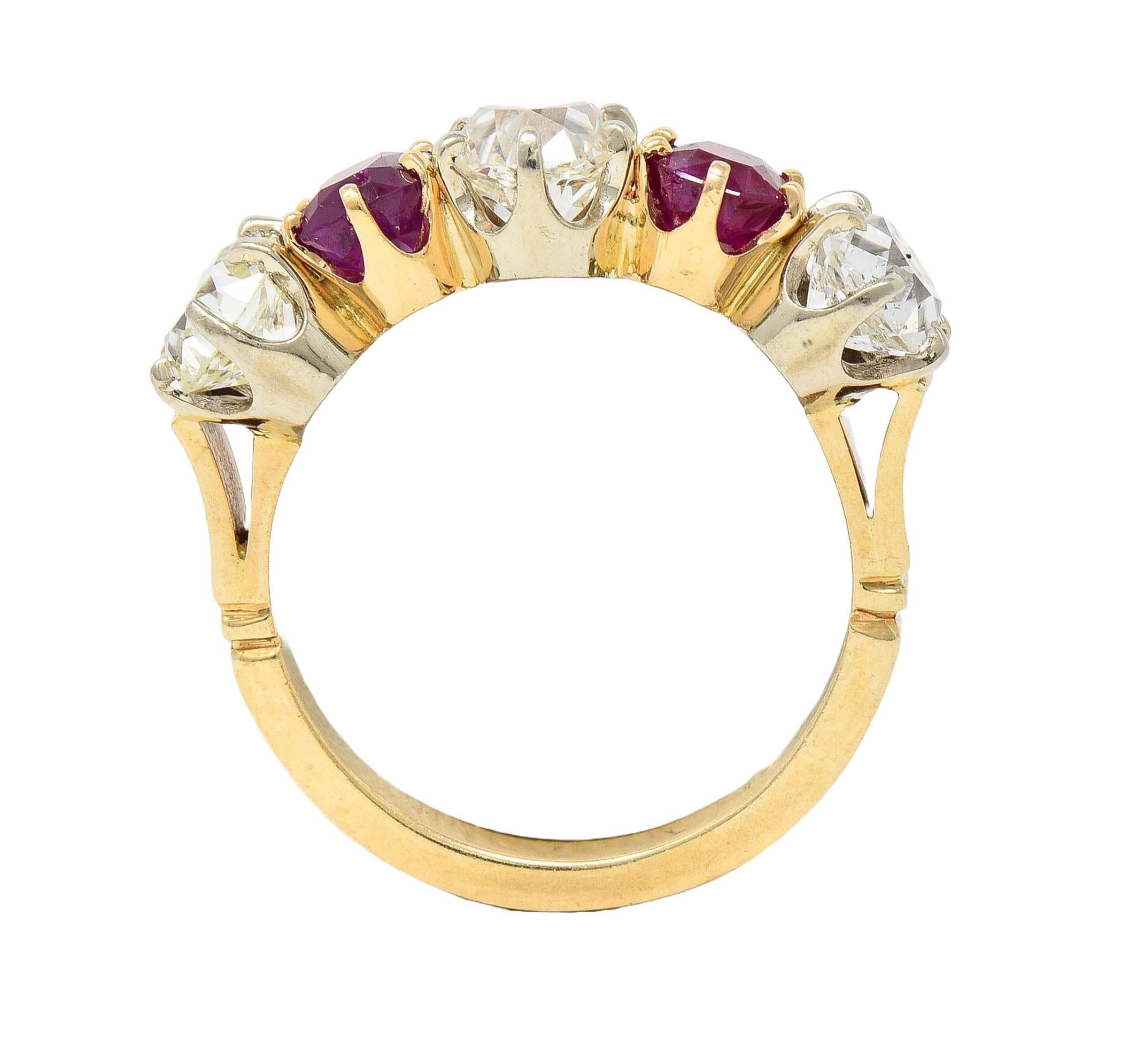 Victorian 3.62 CTW Ruby Old Mine Cut Diamond 14 Karat Two-Tone Gold Band Ring