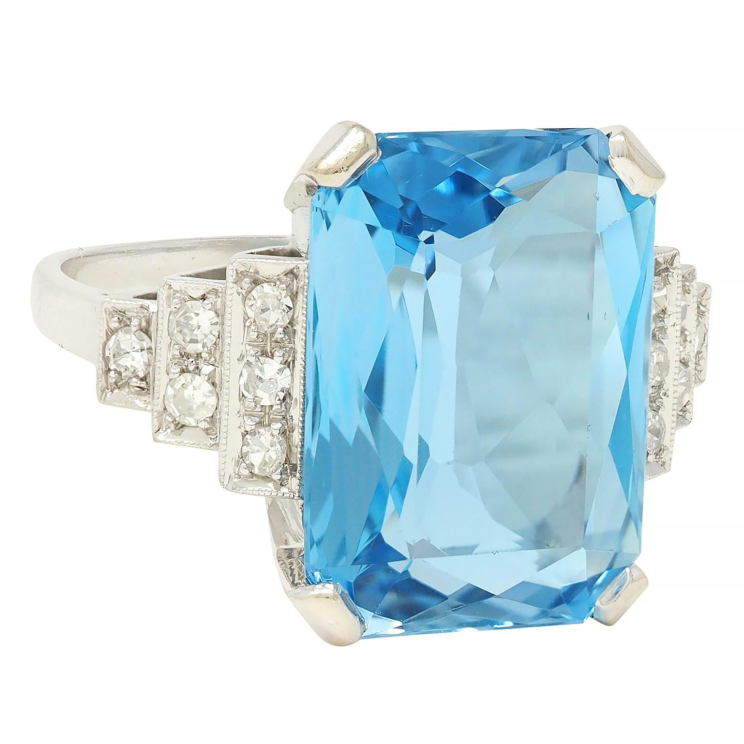 Mid-Century 9.22 CTW Aquamarine Diamond Platinum 18K Gold Vintage Cocktail Ring