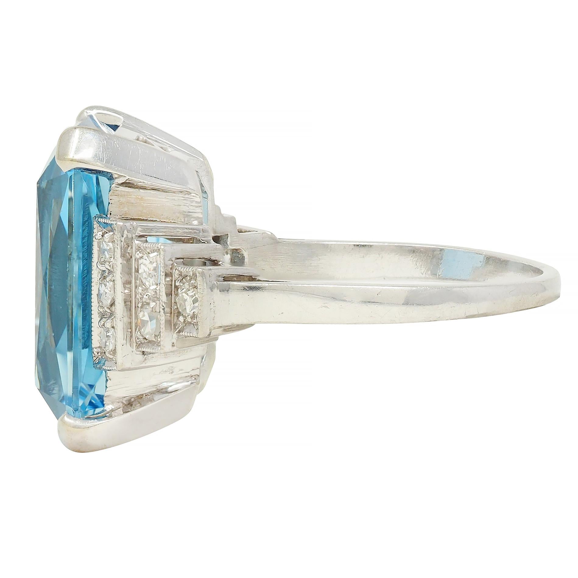 Mid-Century 9.22 CTW Aquamarine Diamond Platinum 18K Gold Vintage Cocktail Ring