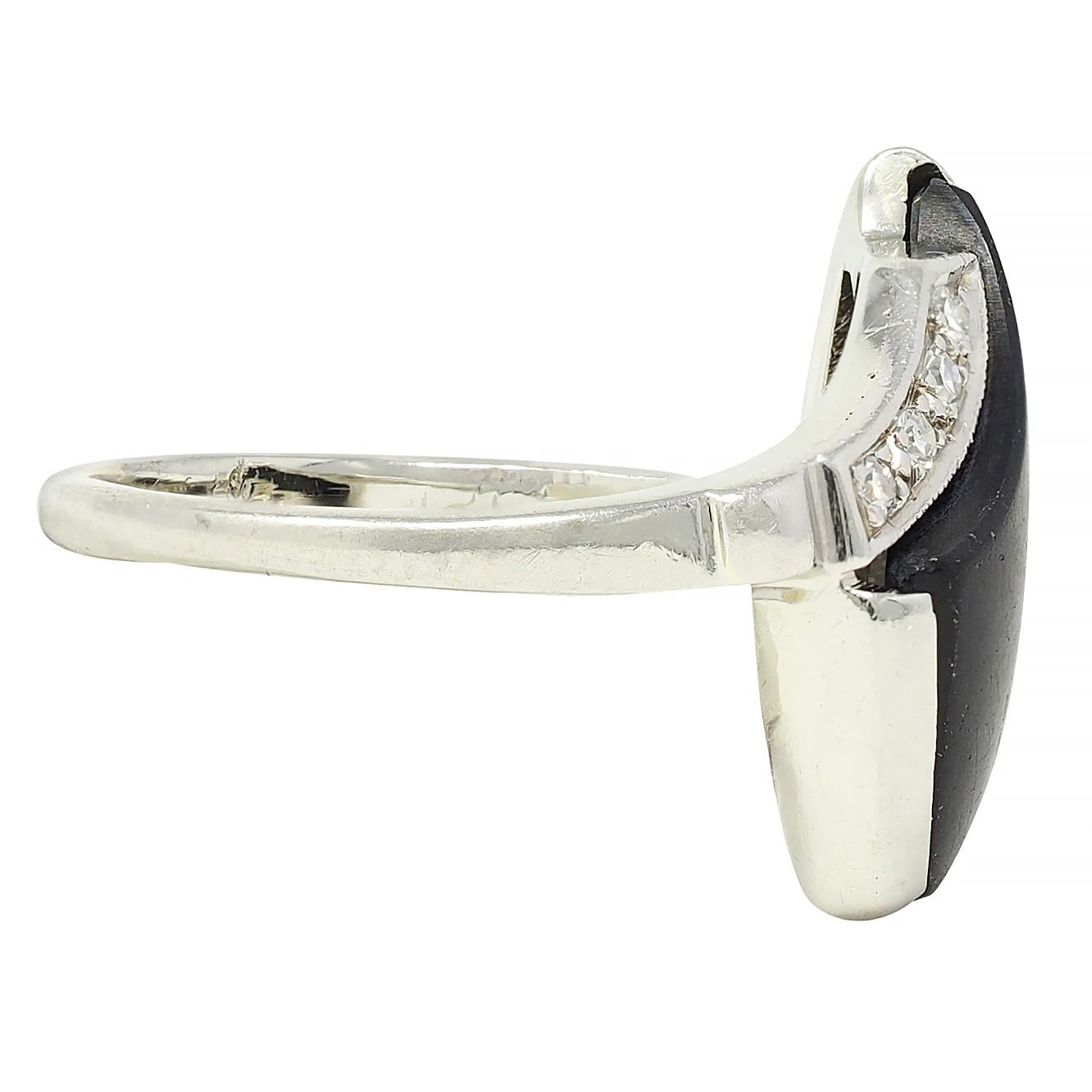 Mid-Century Onyx Diamond 18 Karat White Gold Vintage Bypass Ring