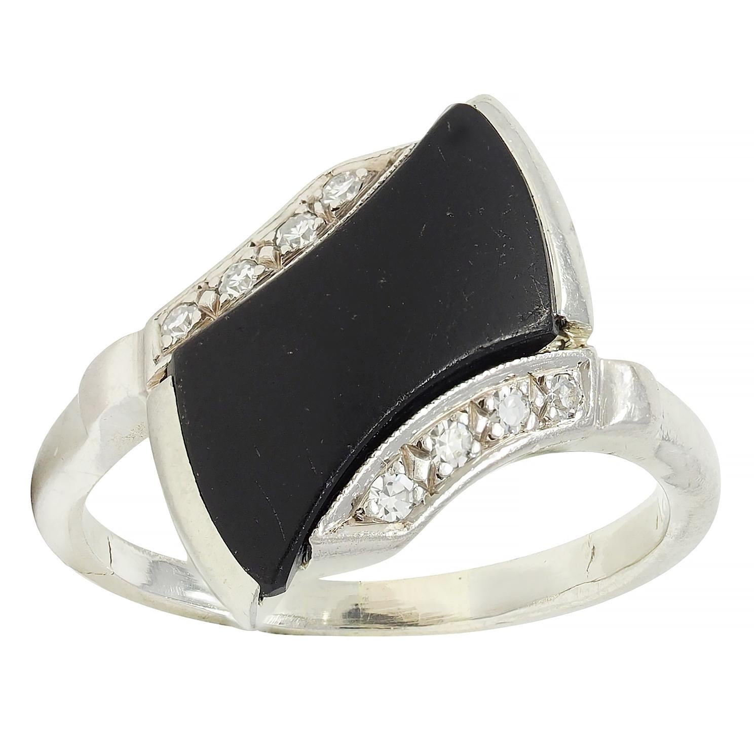 Mid-Century Onyx Diamond 18 Karat White Gold Vintage Bypass Ring