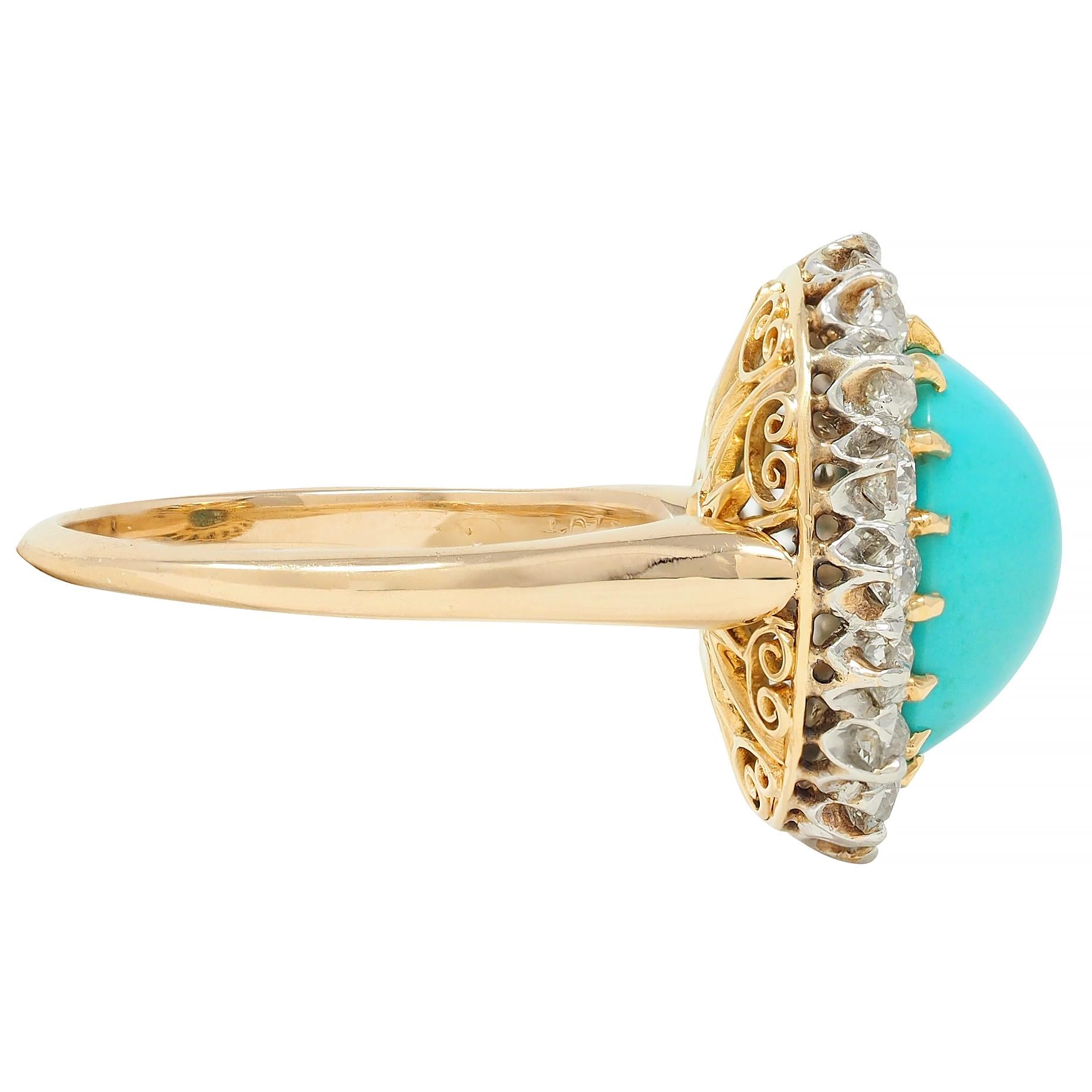 Edwardian Turquoise European Diamond Platinum 14K Yellow Gold Antique Halo Ring