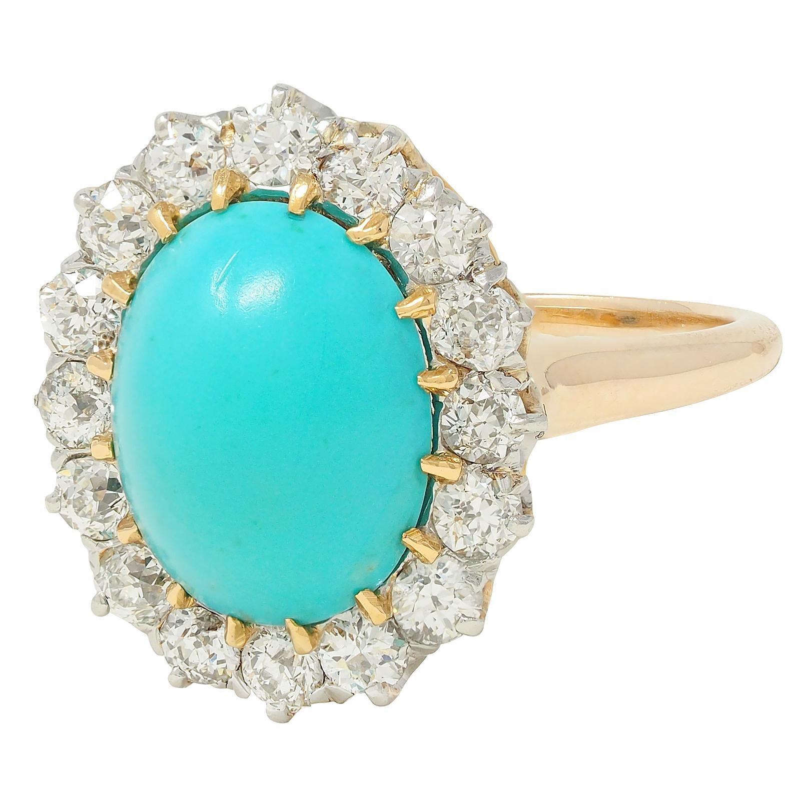 Edwardian Turquoise European Diamond Platinum 14K Yellow Gold Antique Halo Ring