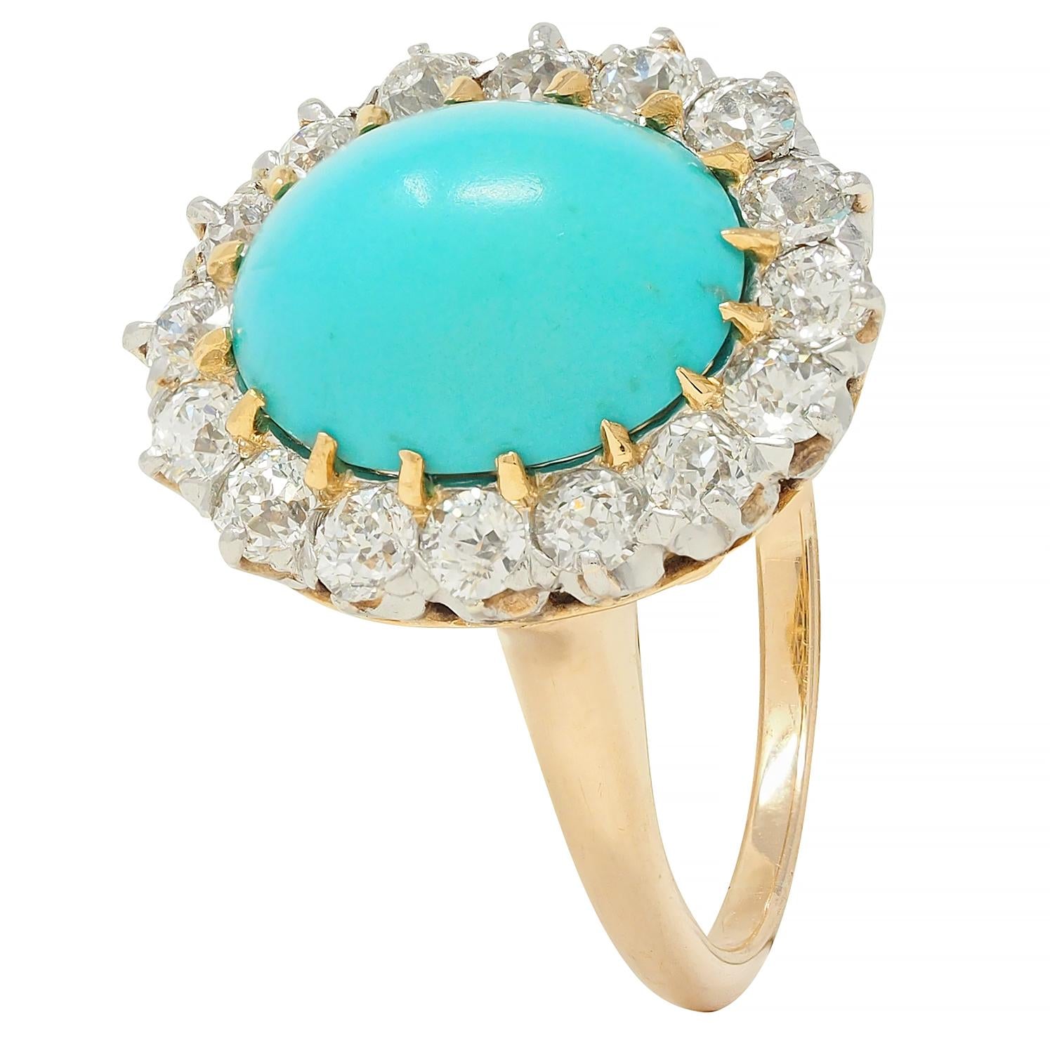 Edwardian Turquoise European Diamond Platinum 14K Yellow Gold Antique Halo Ring