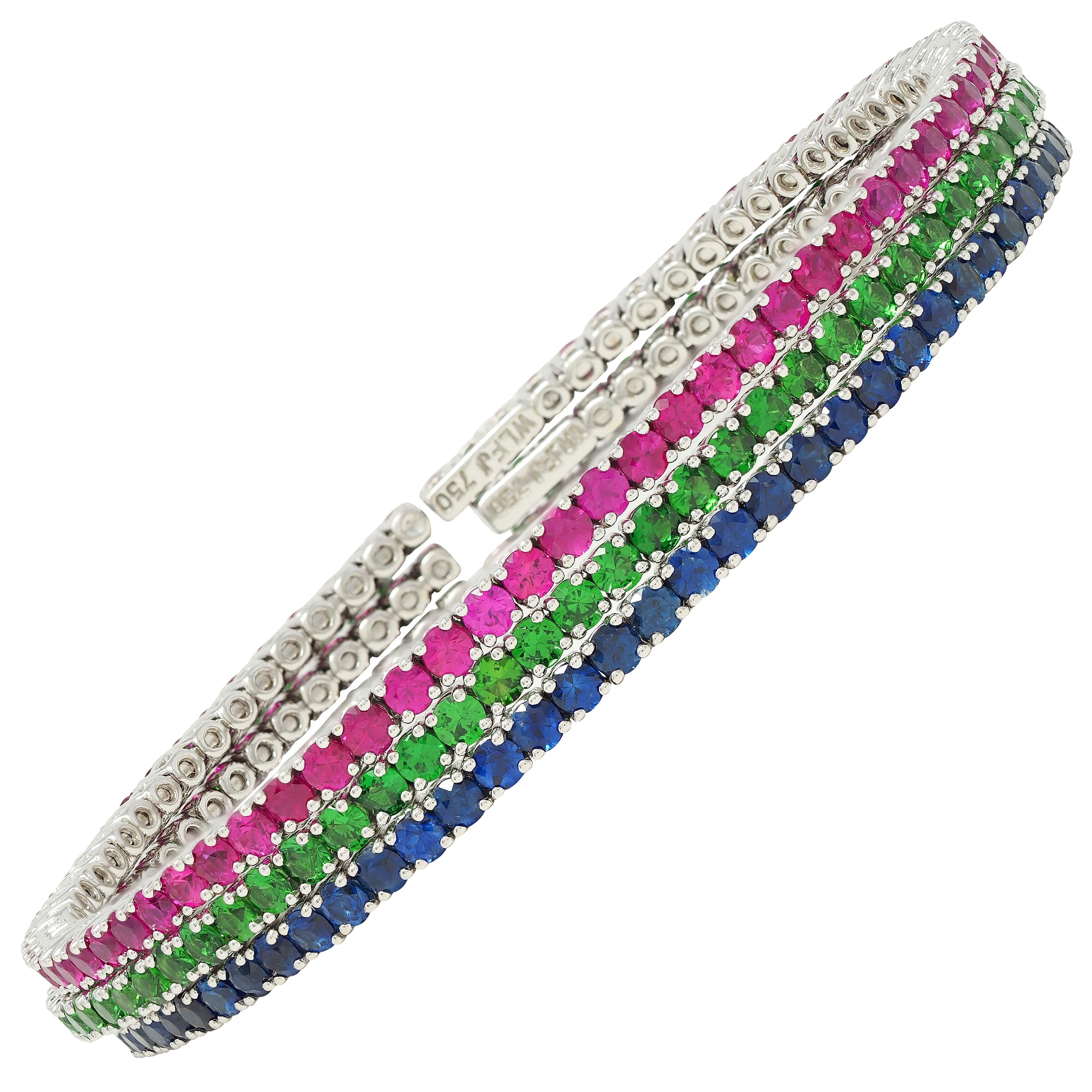 11.00 CTW Ruby Sapphire Tsavorite Garnet 18K Gold Flex Cuff Bracelet Set