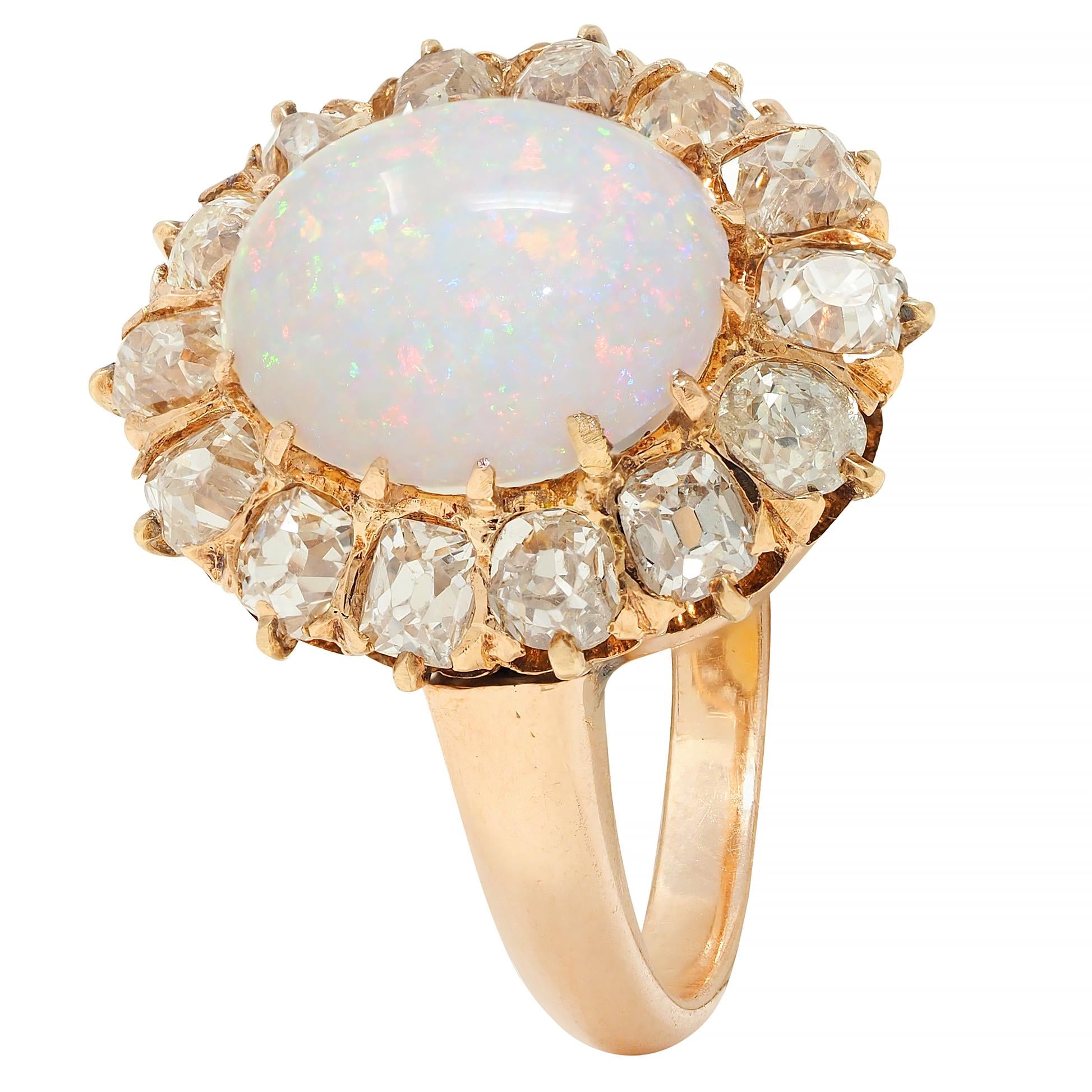 Vintage 1.40 CTW Old Mine Diamond Opal 14 Karat Rose Gold Halo Ring