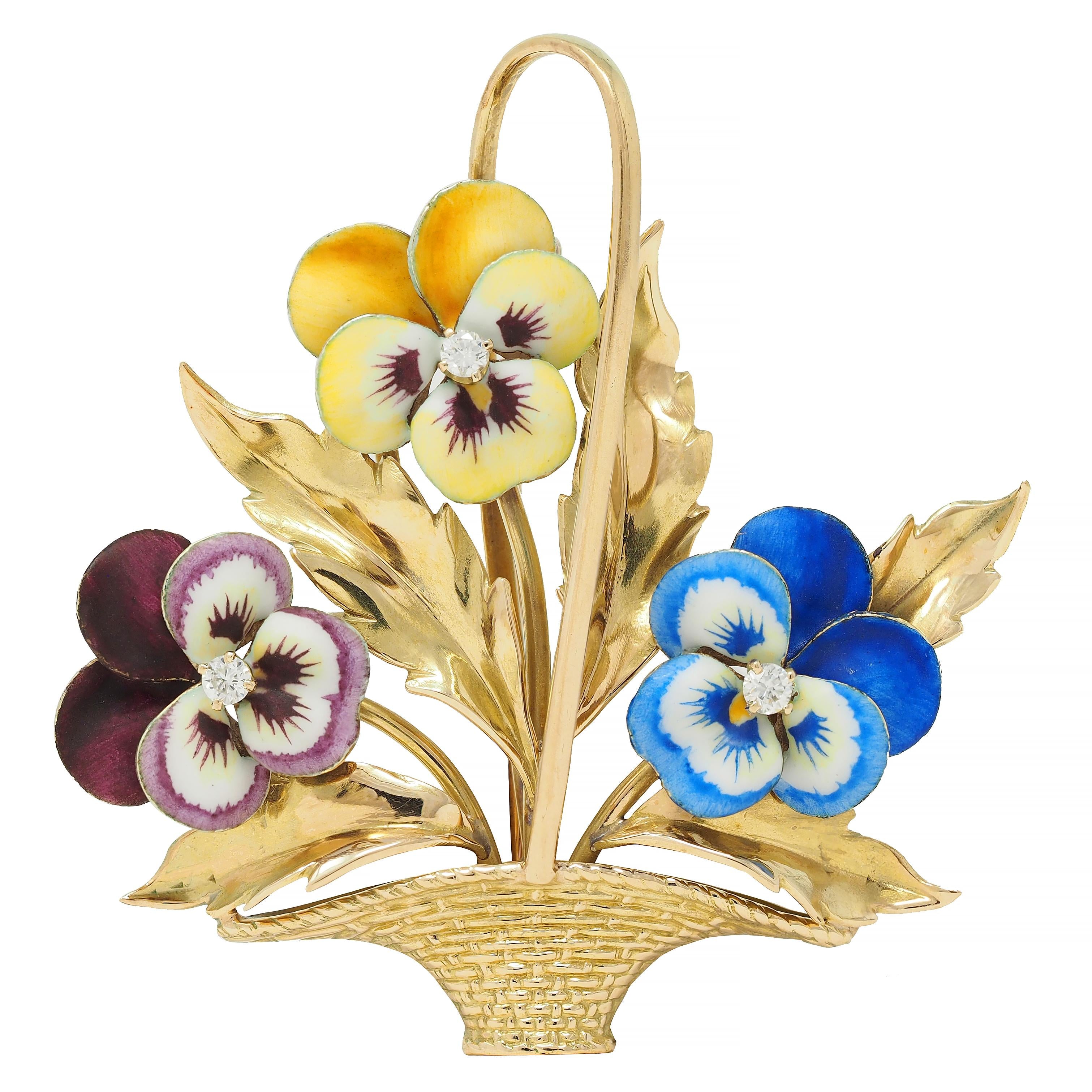 A. J. Hedges & Co. Enamel Diamond 14 Karat Gold Antique Basket Of Pansies Brooch