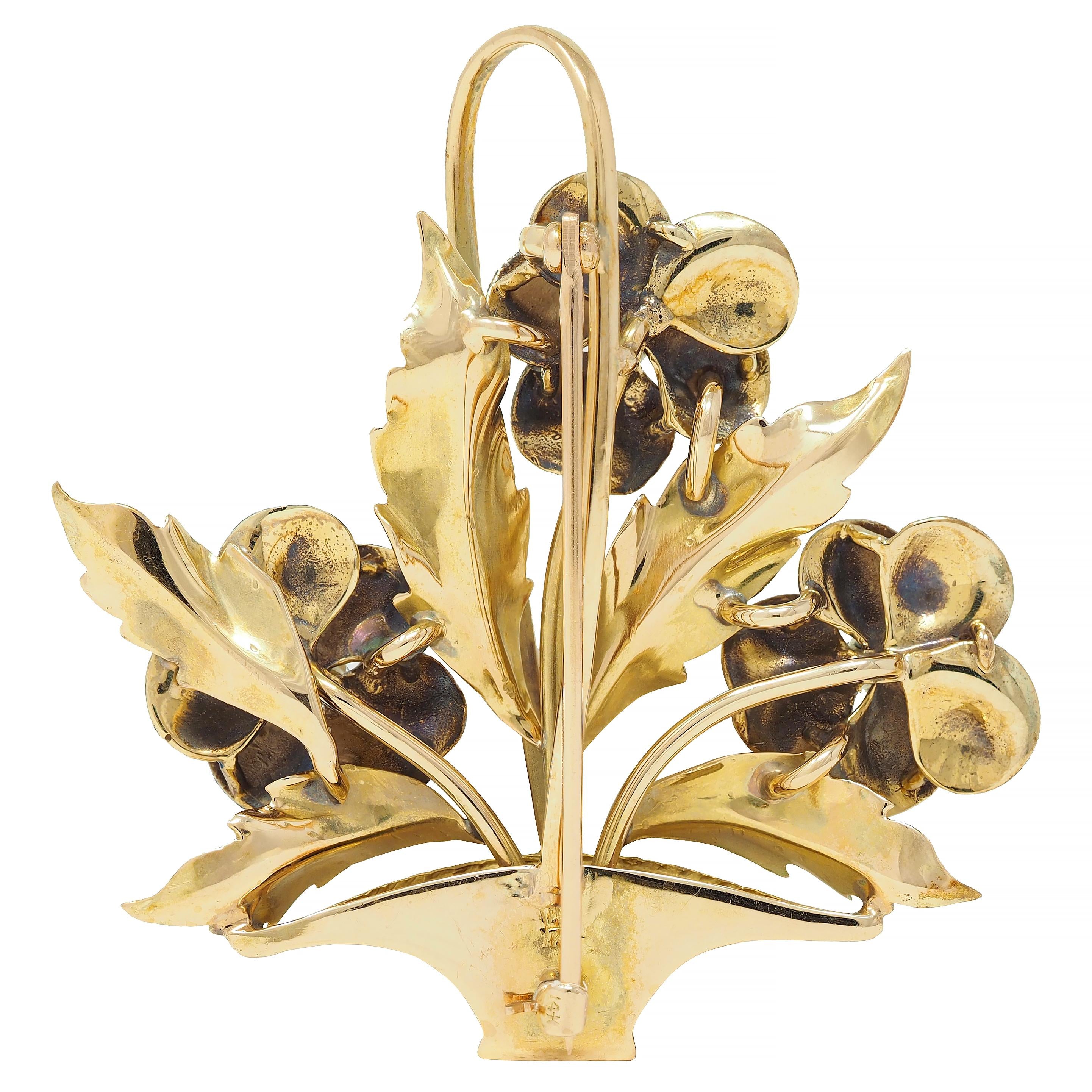 A. J. Hedges & Co. Enamel Diamond 14 Karat Gold Antique Basket Of Pansies Brooch