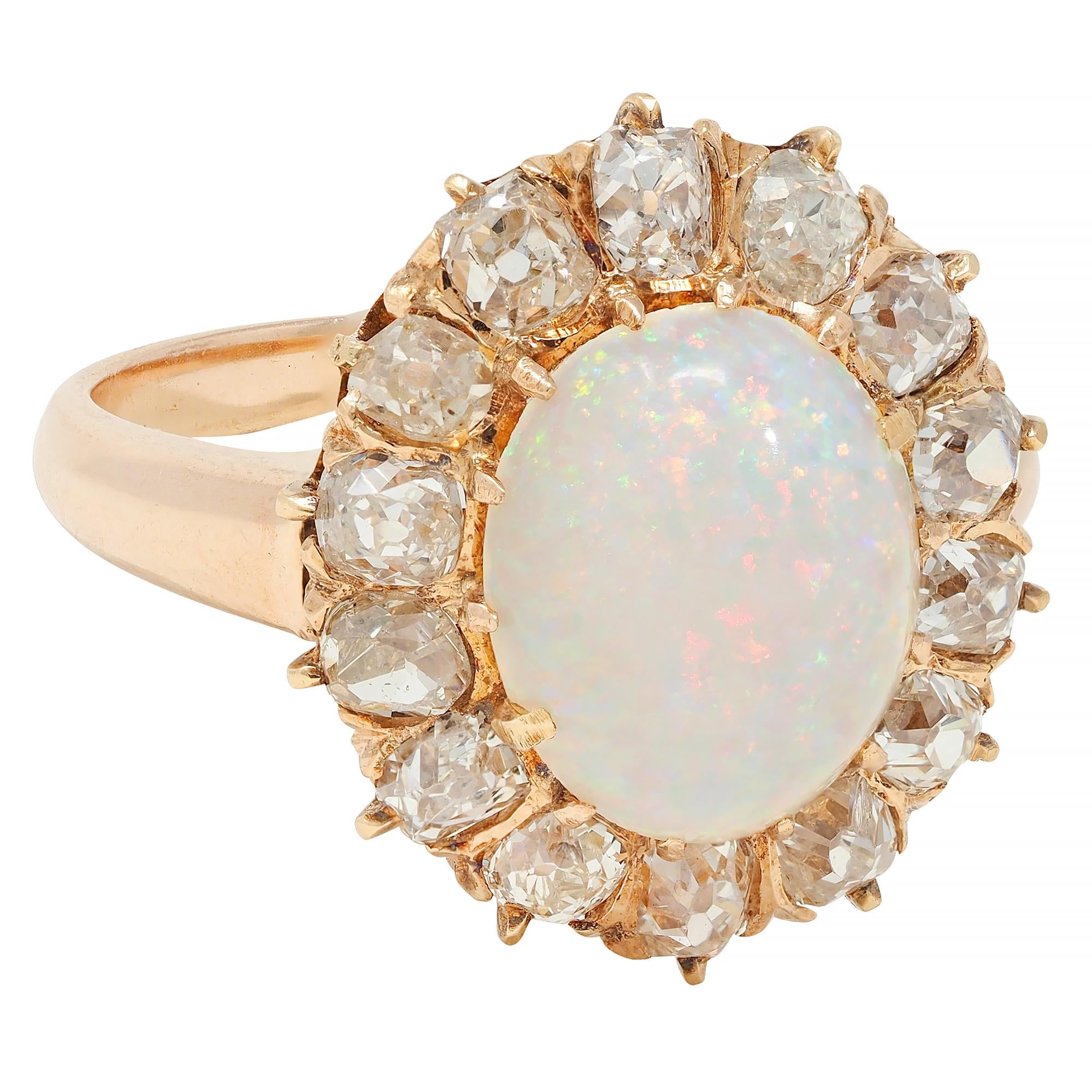 Vintage 1.40 CTW Old Mine Diamond Opal 14 Karat Rose Gold Halo Ring