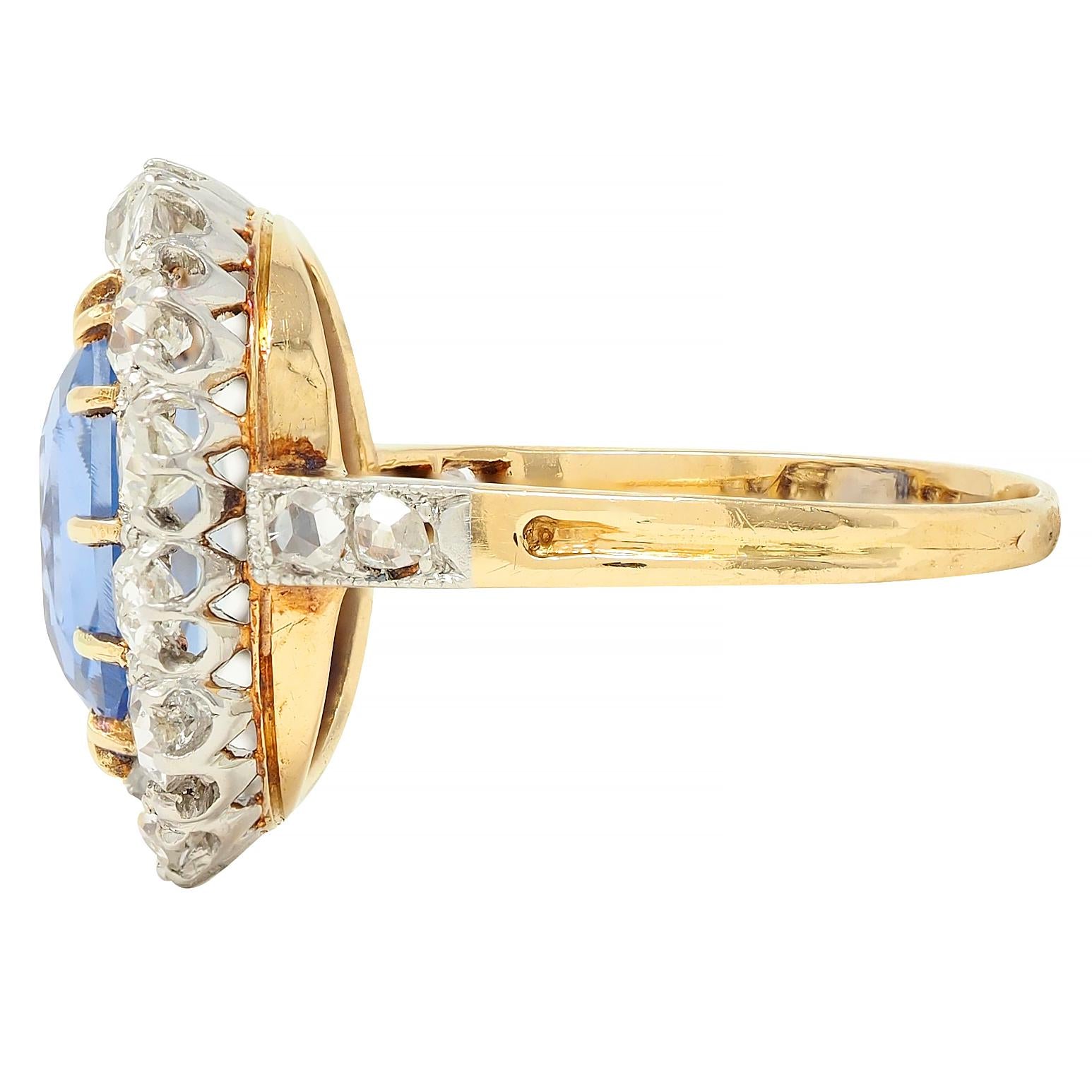 Edwardian 5.29 CTW No Heat Ceylon Sapphire Diamond Platinum 18K Gold Halo Ring