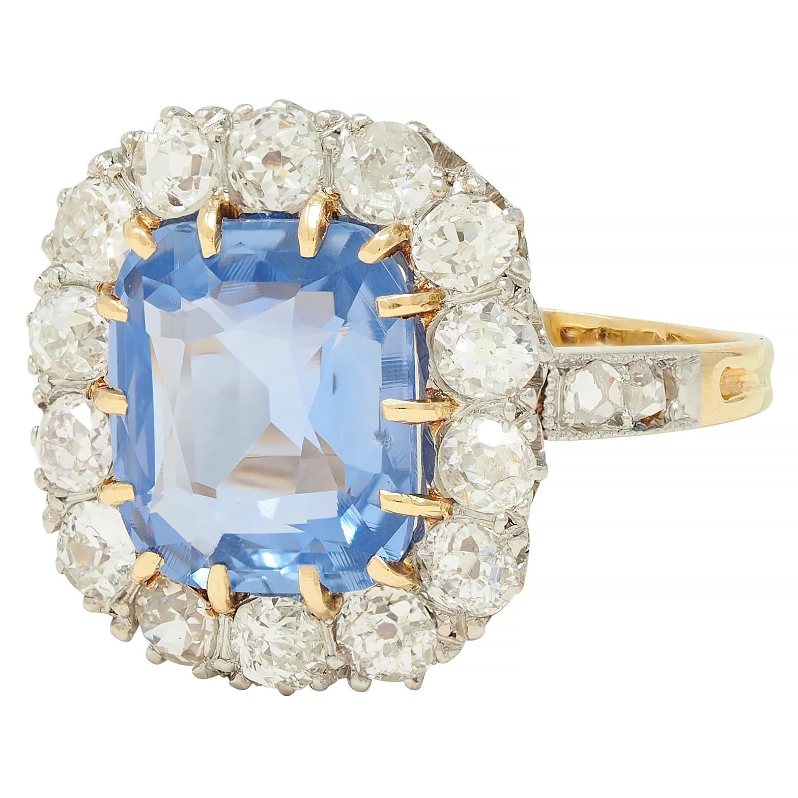 Edwardian 5.29 CTW No Heat Ceylon Sapphire Diamond Platinum 18K Gold Halo Ring