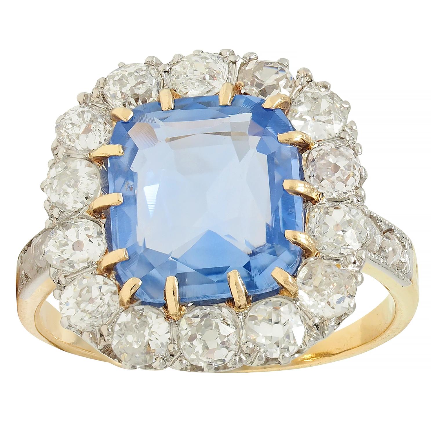 Edwardian 5.29 CTW No Heat Ceylon Sapphire Diamond Platinum 18K Gold Halo Ring