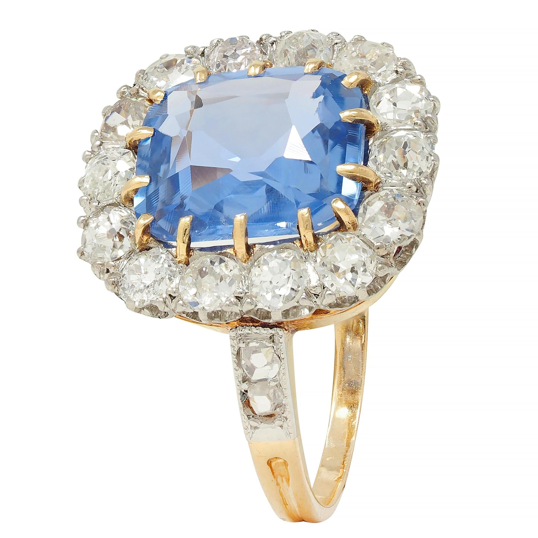 Edwardian 5.29 CTW No Heat Ceylon Sapphire Diamond Platinum 18K Gold Halo Ring