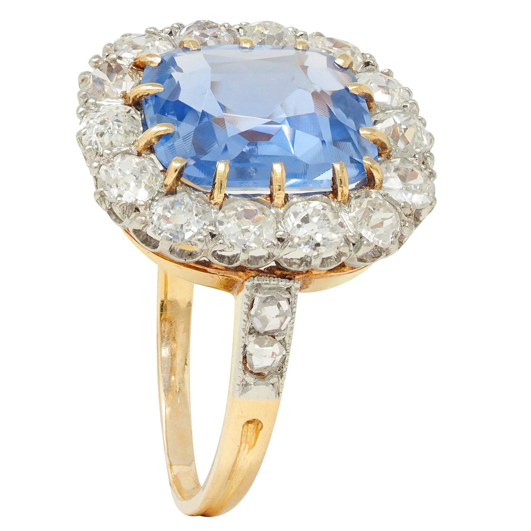 Edwardian 5.29 CTW No Heat Ceylon Sapphire Diamond Platinum 18K Gold Halo Ring