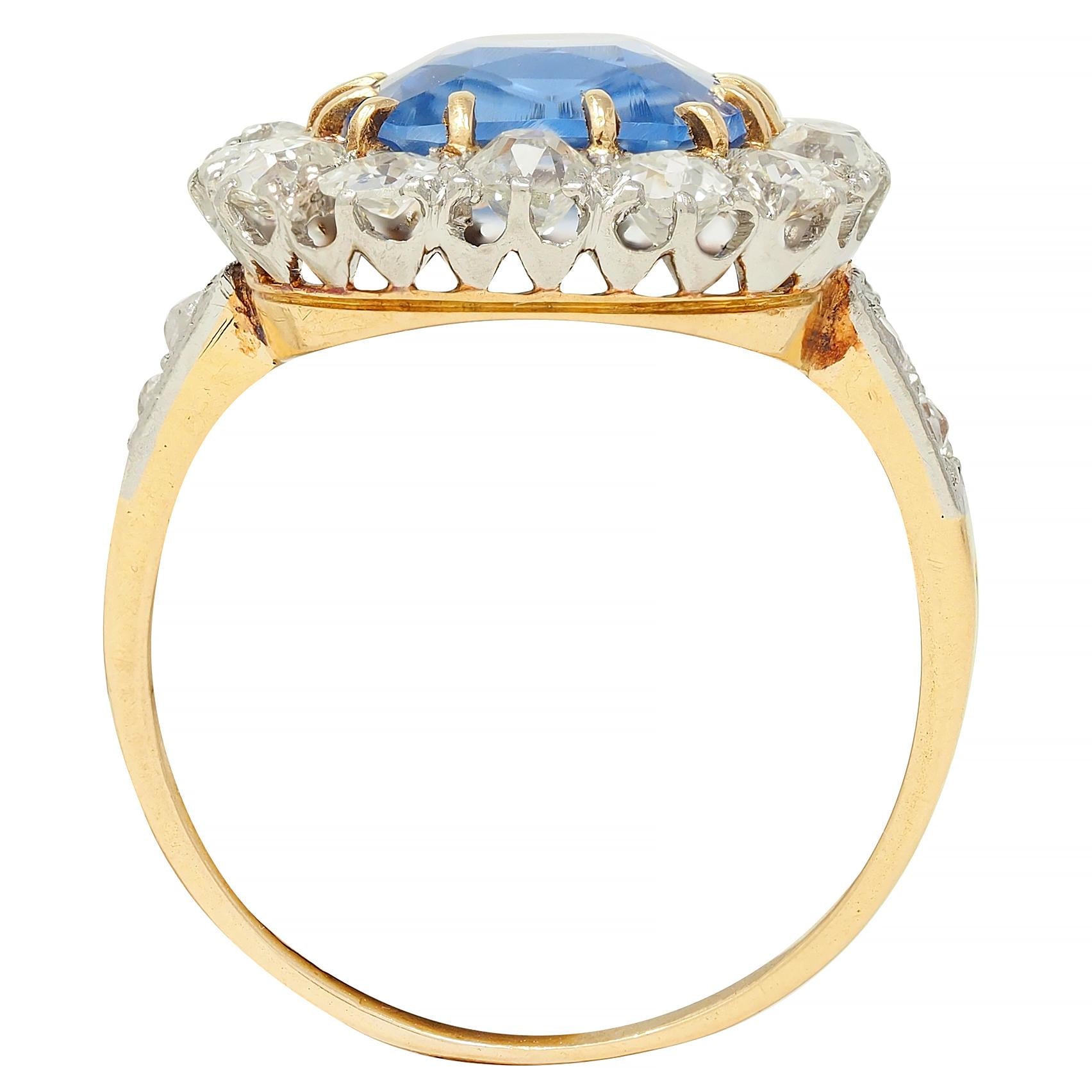 Edwardian 5.29 CTW No Heat Ceylon Sapphire Diamond Platinum 18K Gold Halo Ring