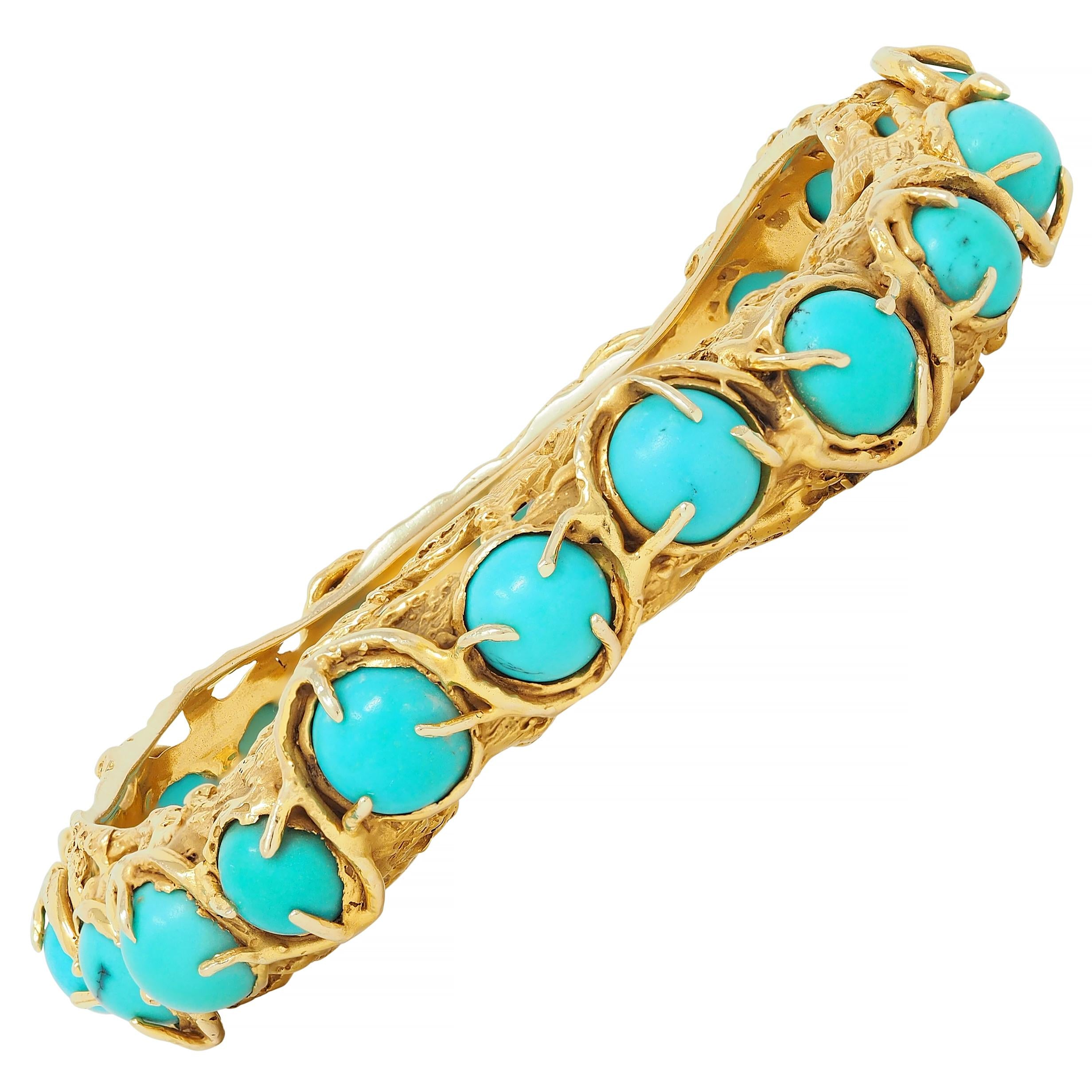 Arthur King Brutalist Turquoise Cabochon 18K Gold Vintage Bangle Bracelet