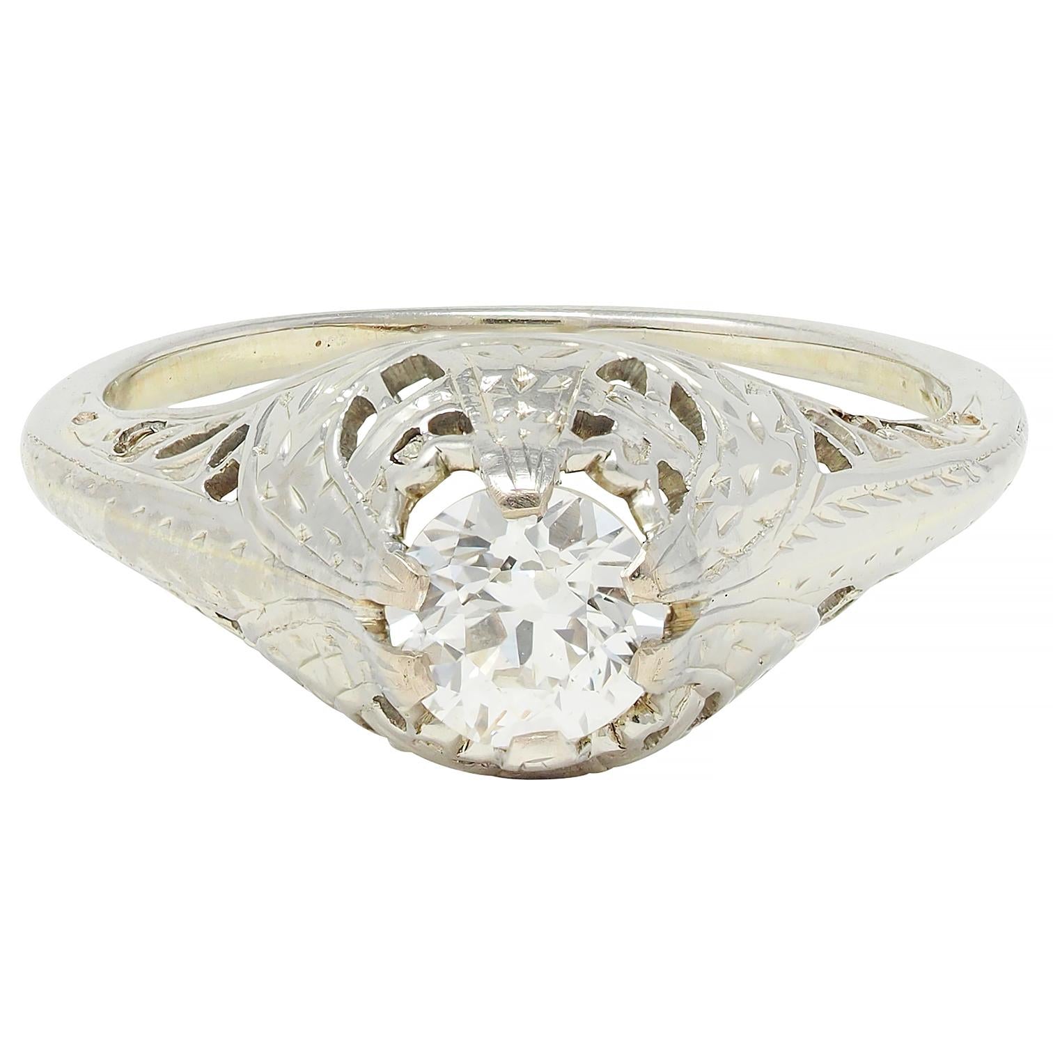 Early Art Deco 0.52 CTW Diamond 18K White Gold Antique Foliate Engagement Ring