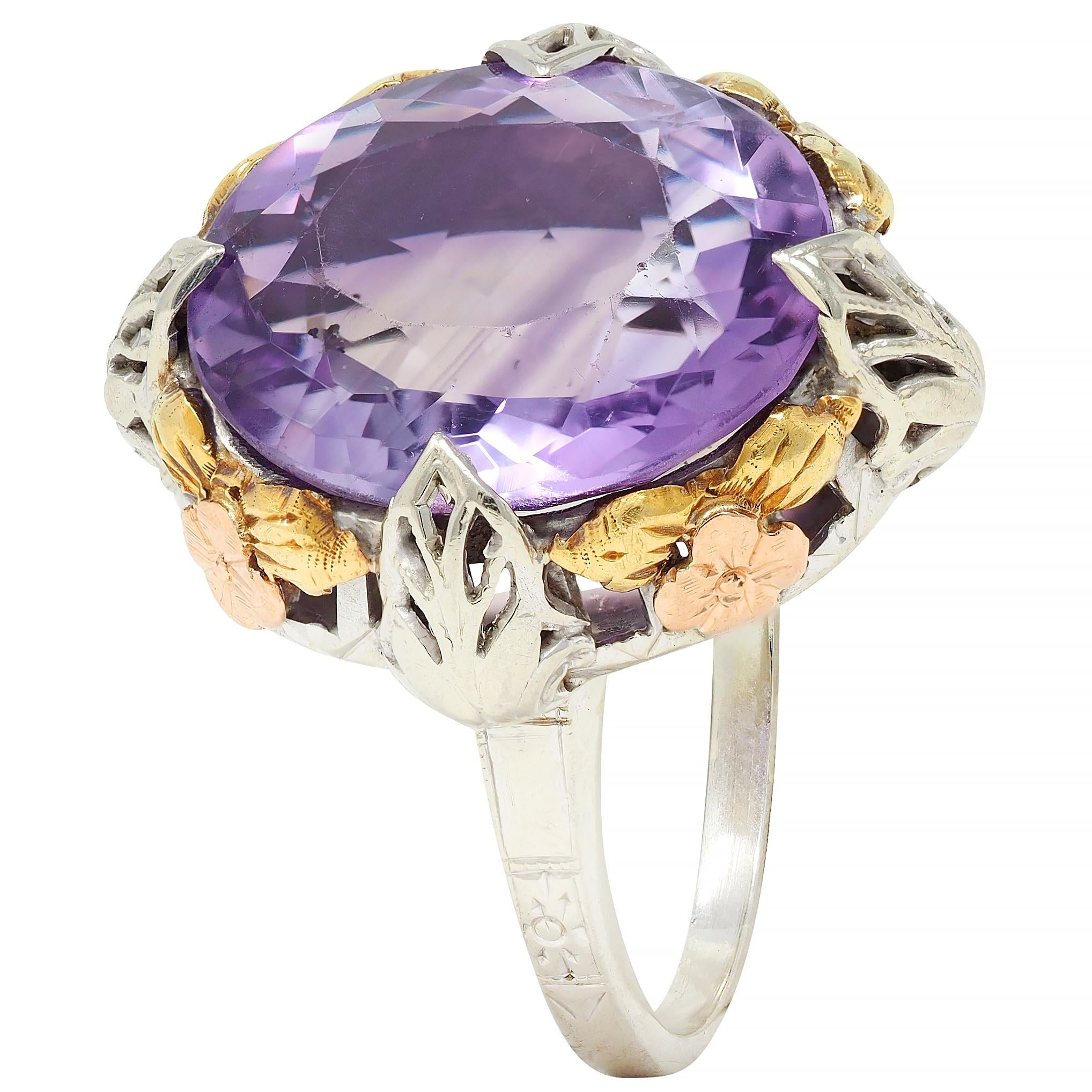 Art Deco Amethyst 14 Karat Tri-Gold Vintage Orange Blossom Cocktail Ring