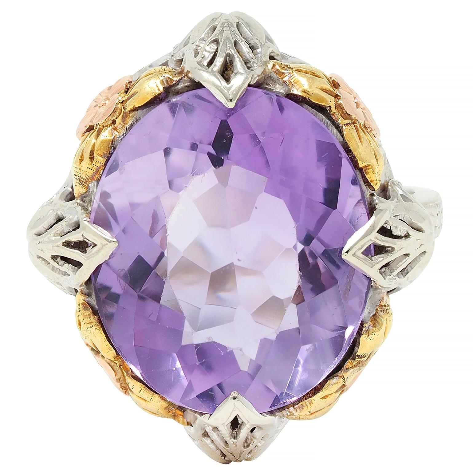 Art Deco Amethyst 14 Karat Tri-Gold Vintage Orange Blossom Cocktail Ring