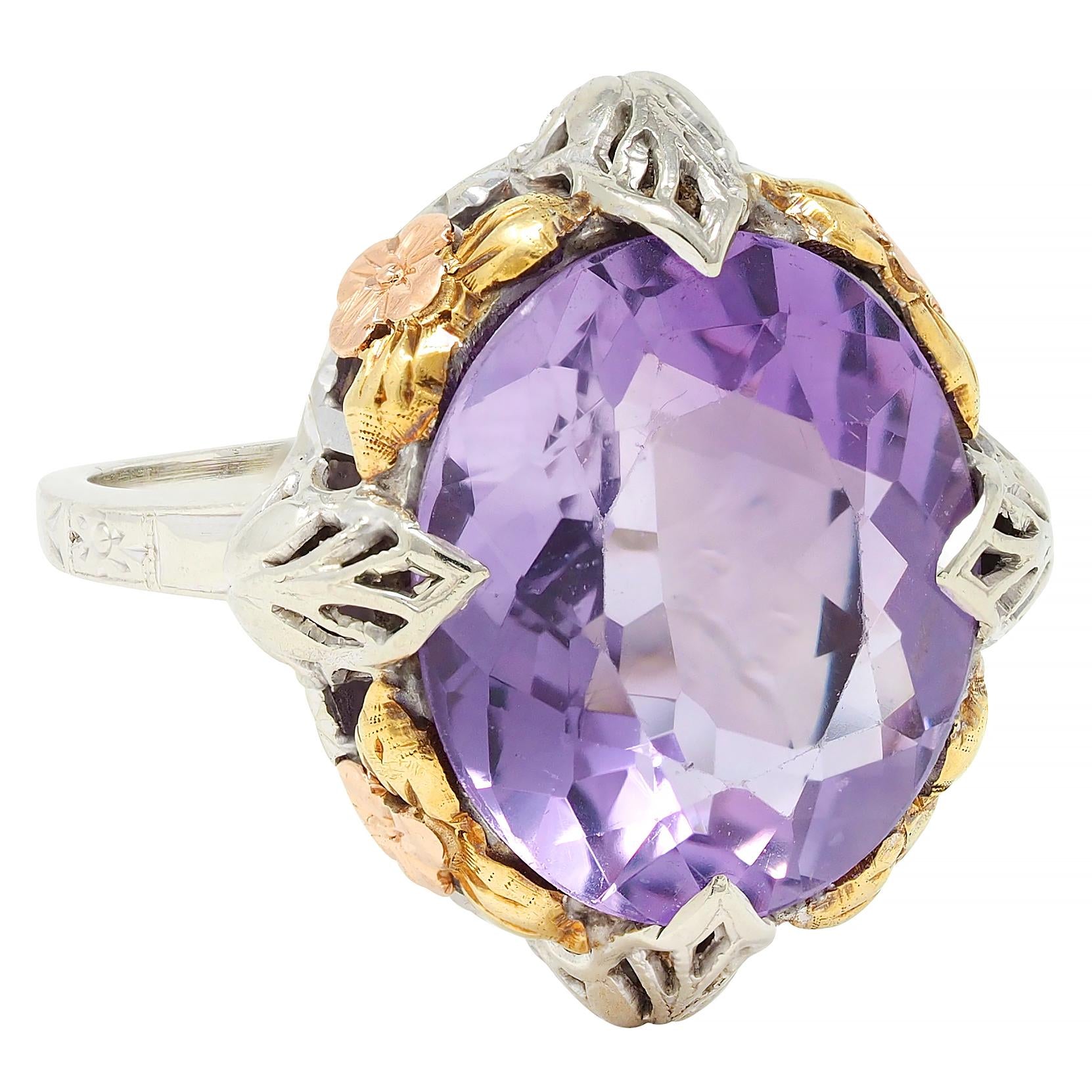 Art Deco Amethyst 14 Karat Tri-Gold Vintage Orange Blossom Cocktail Ring