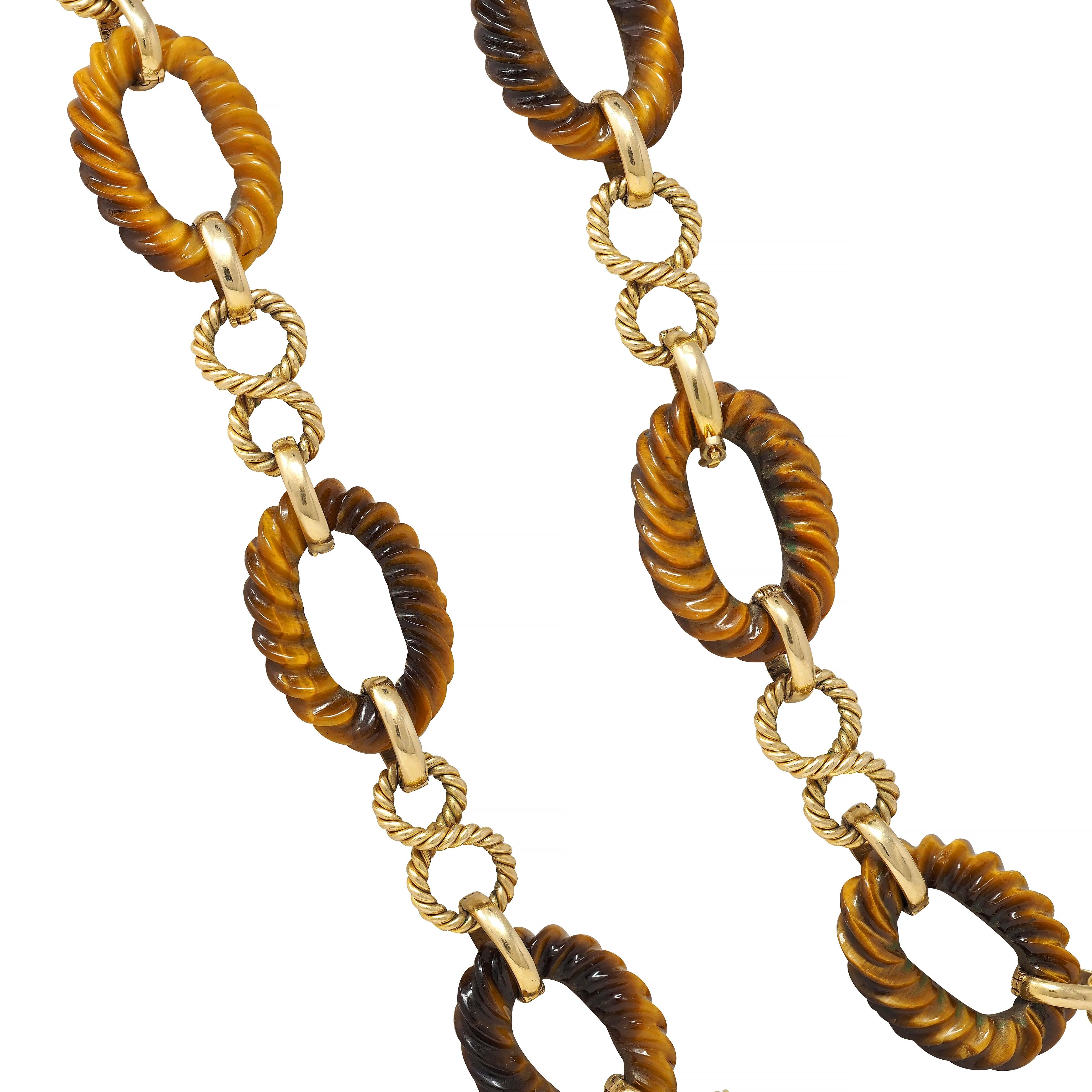 1960's Tiger's Eye 14 Karat Yellow Gold Vintage Twisted Rope Link Chain Necklace